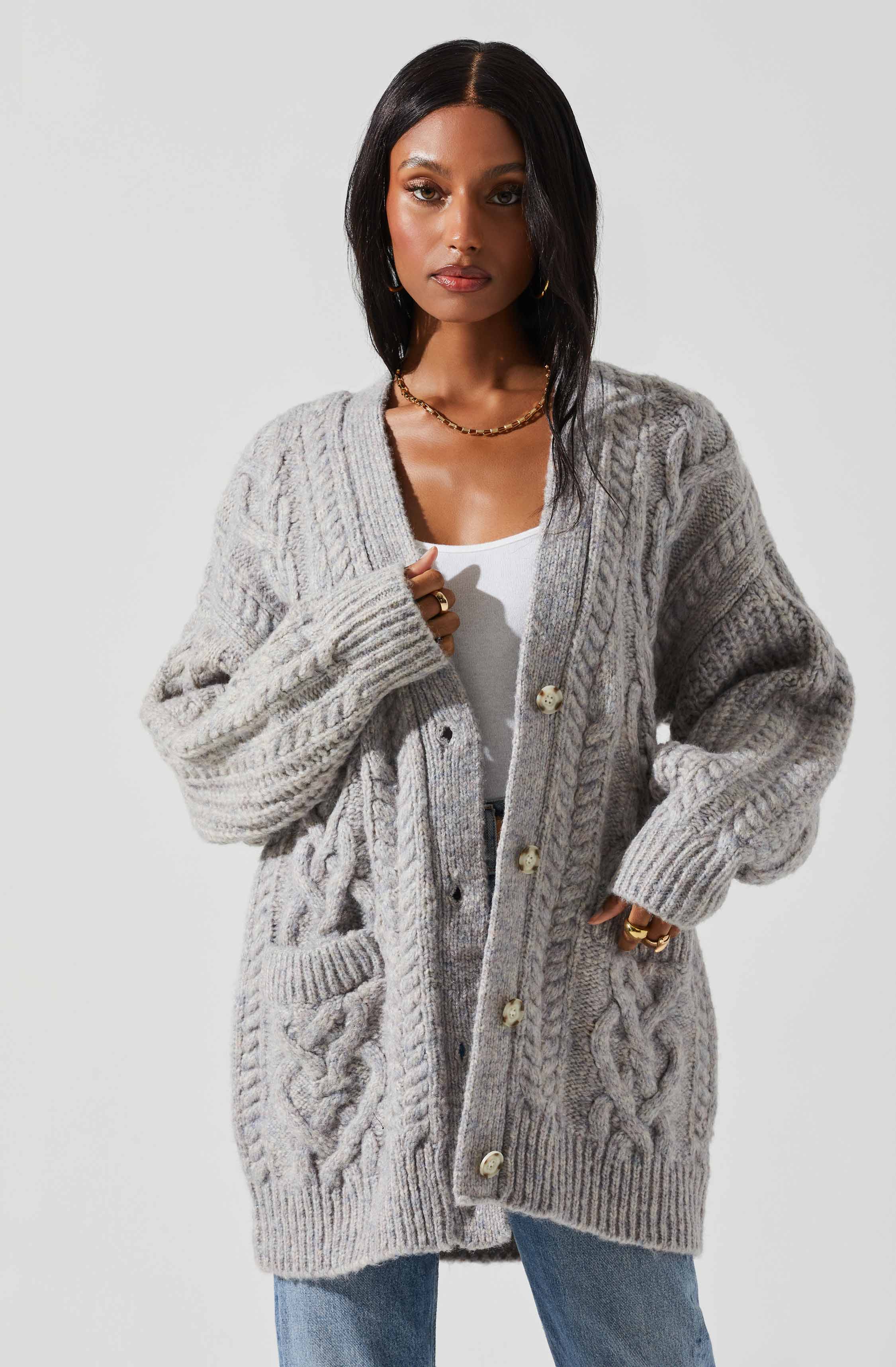 100% WOOL CABLE-KNIT CARDIGAN - Gray