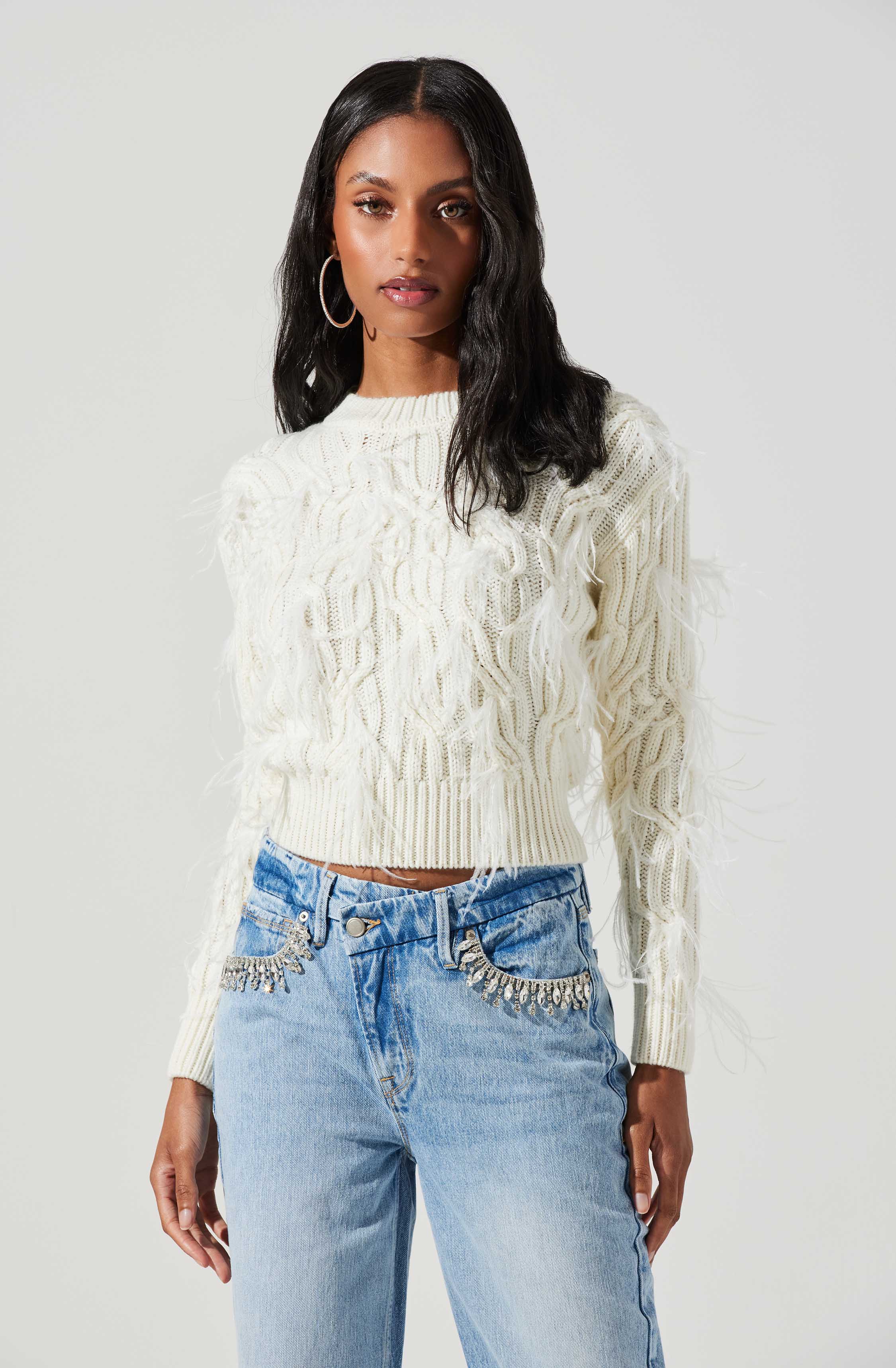 Almeida Feather Embellished Cable Knit Sweater - Cream / XS