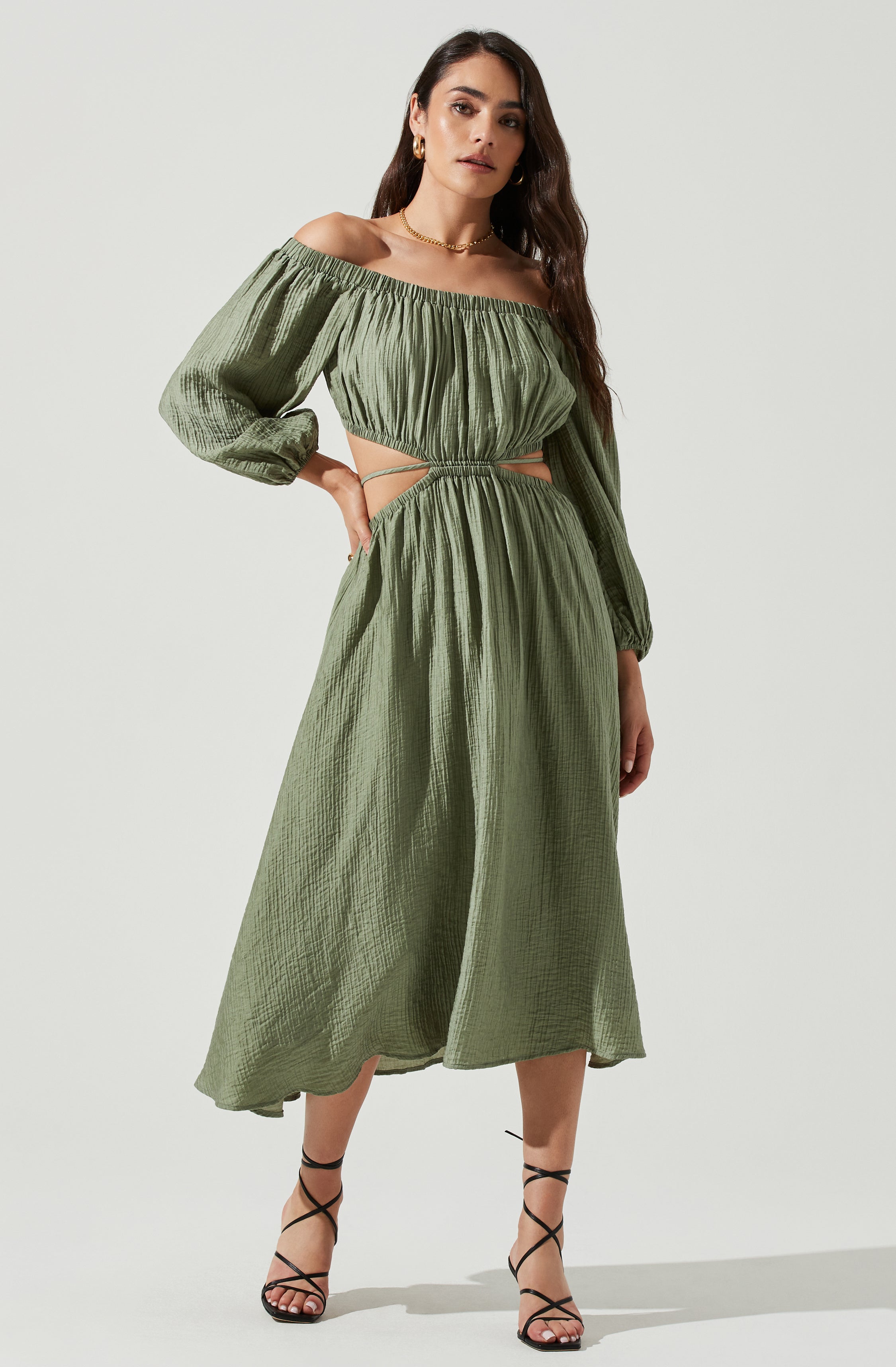 Zenaide With Feathers Off Shoulder Midi Dress Green Autumn