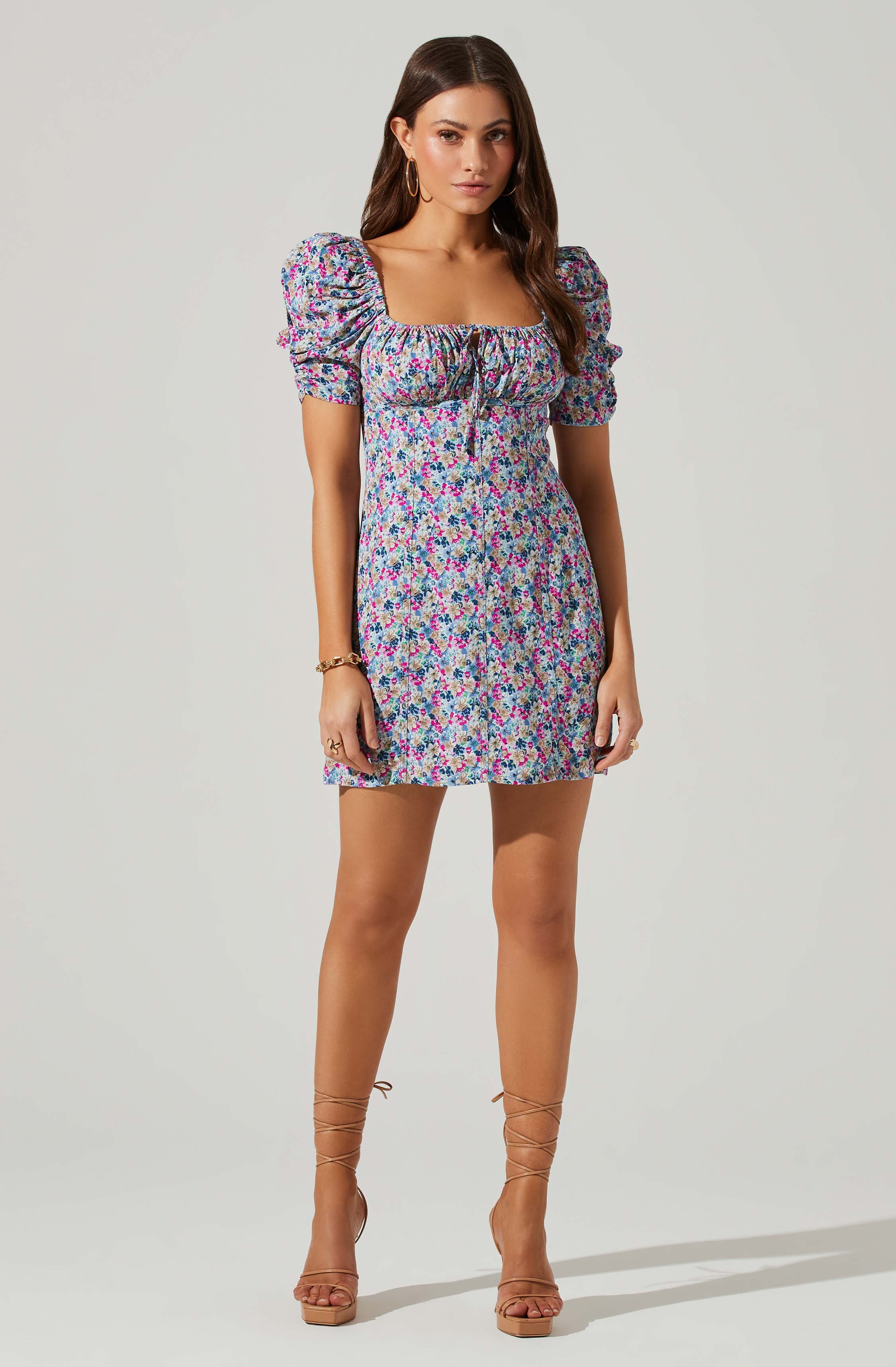 Drawstring Tie Chest Mini Dress Flower