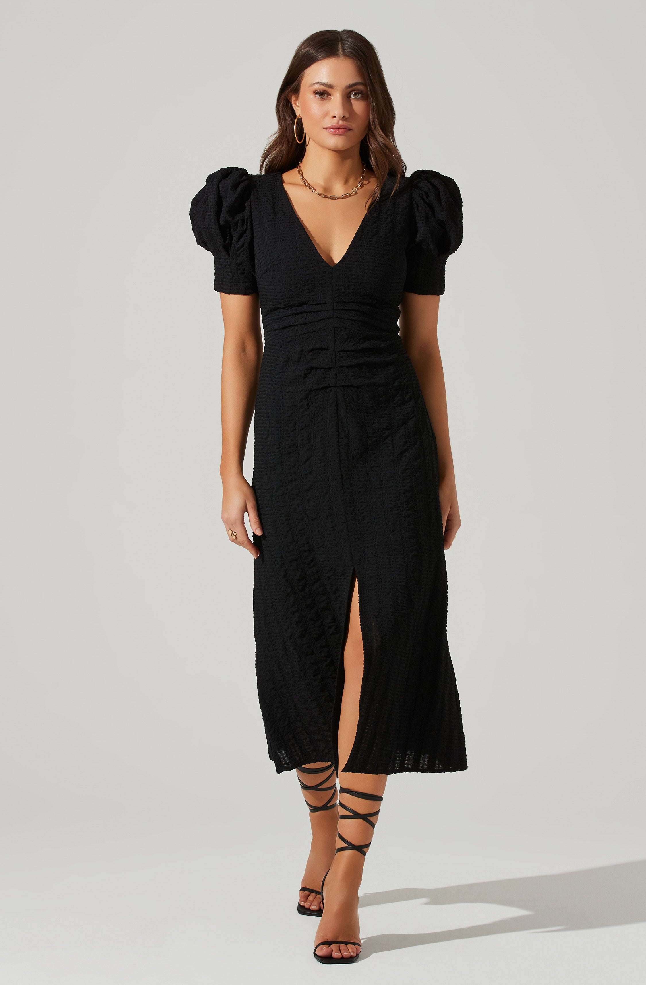 Puff Sleeve Dress V ASTR The Label Front – Midi