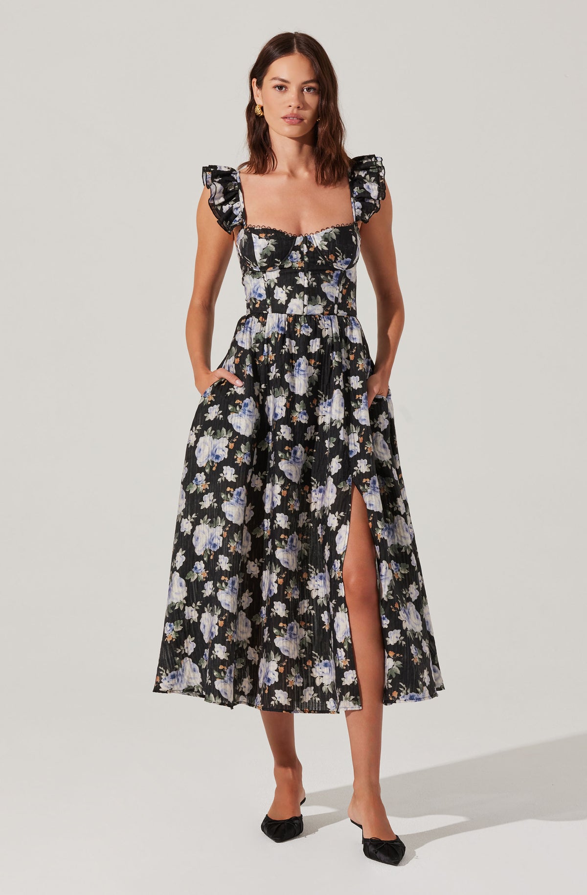 Midi black floral dress fashion