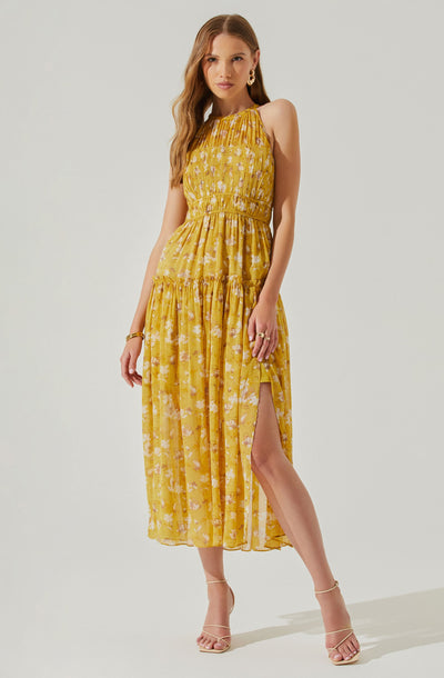 Maryam Floral Tie Neck Tiered Midi Dress