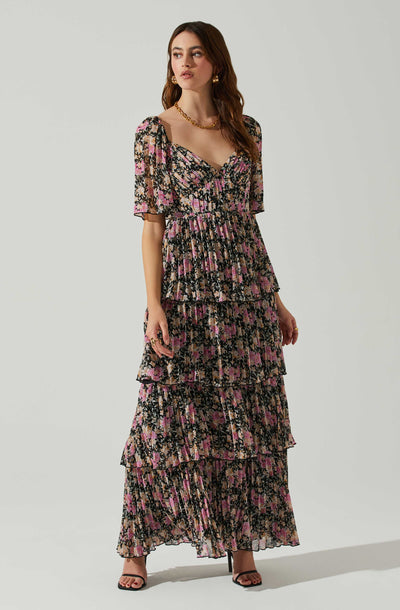 Kizmi - Puff-Sleeve Floral Print Slit Maxi A-Line Dress | YesStyle