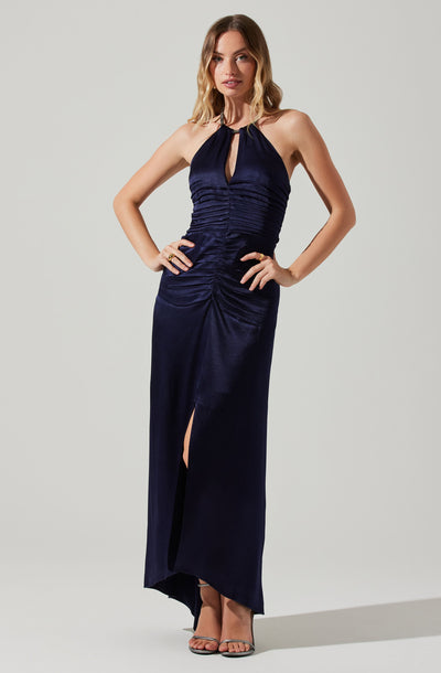 Premium Ruched Halter Strappy Maxi Dress