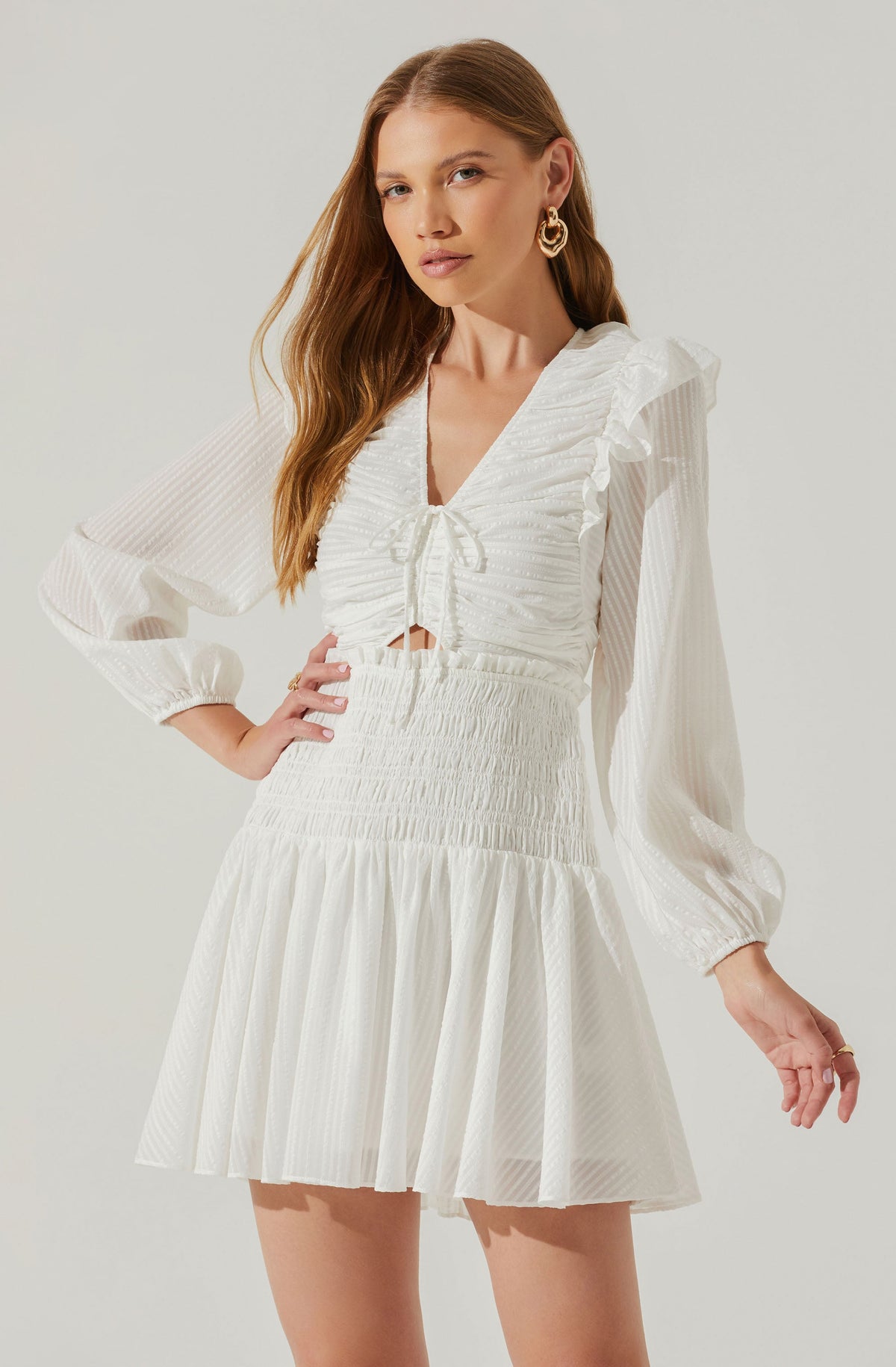 Khaki Satin Long Sleeve Ruched Waist Ruffle Detail Mini Dress – AX