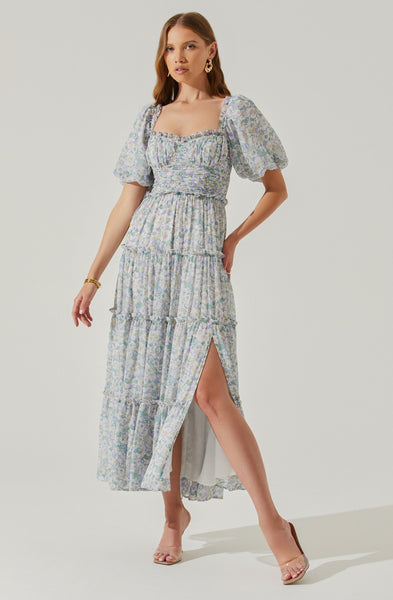 Buy online Freen Floral Print Puff Sleeves Tiered Dress from