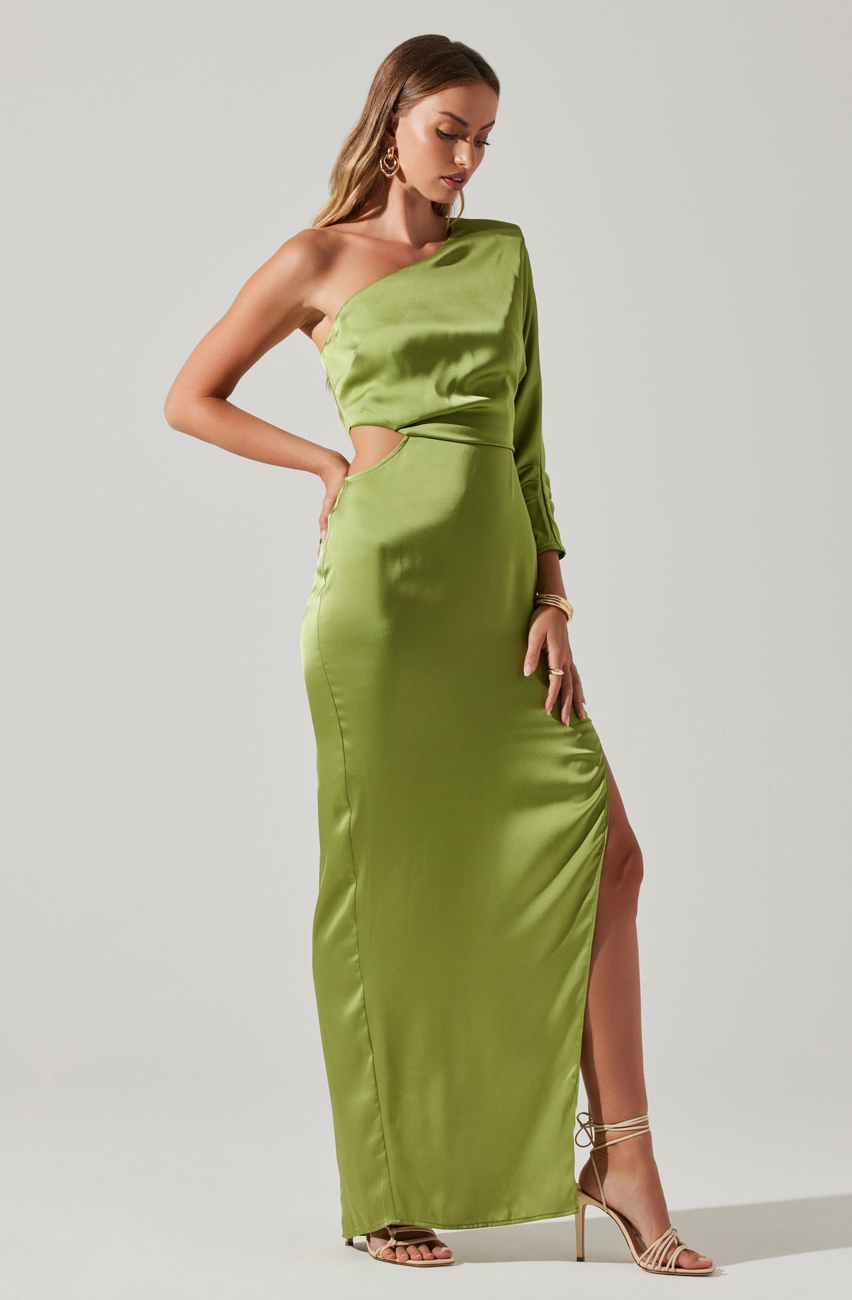 Amari Satin Cutout One Shoulder Maxi Dress - Green / XS