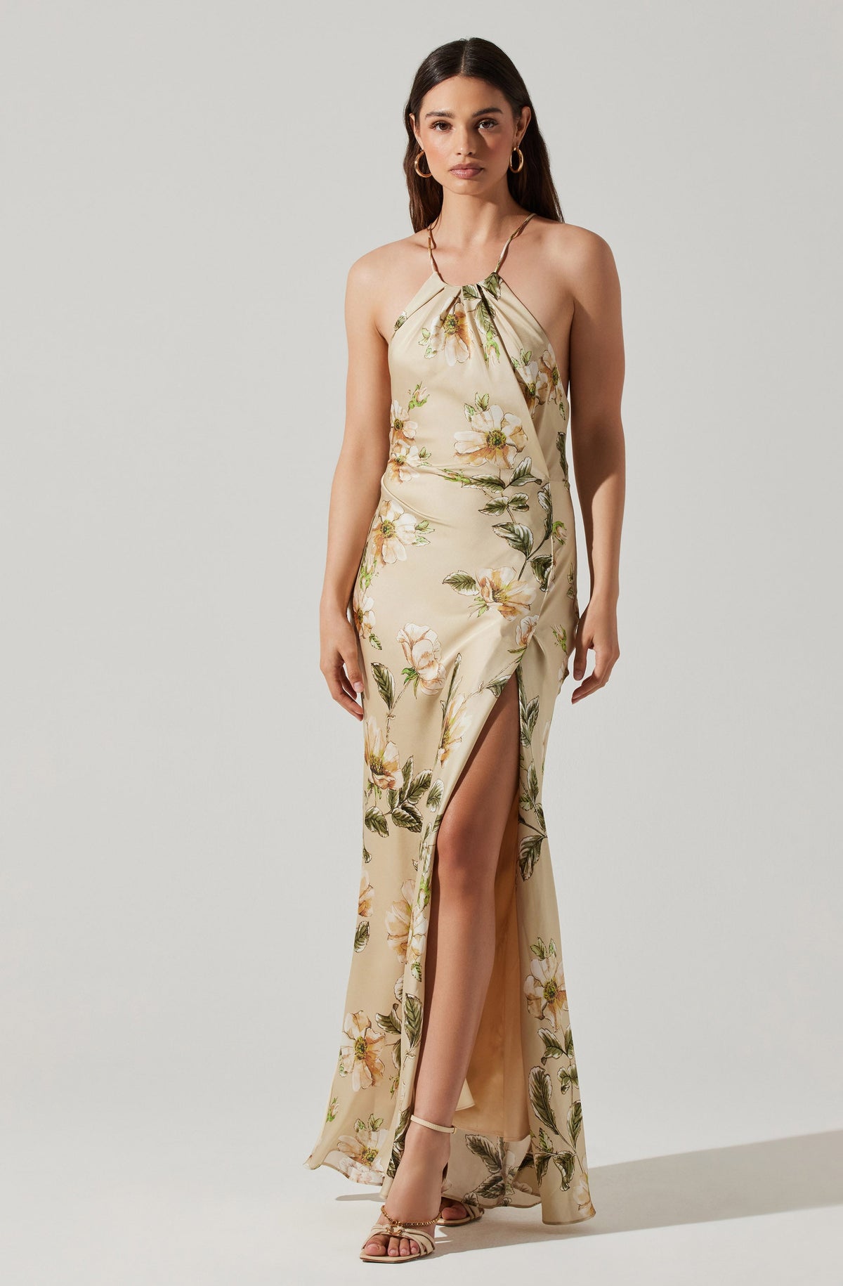 Elynor Satin Floral Halter Maxi Dress - Gold floral / XS