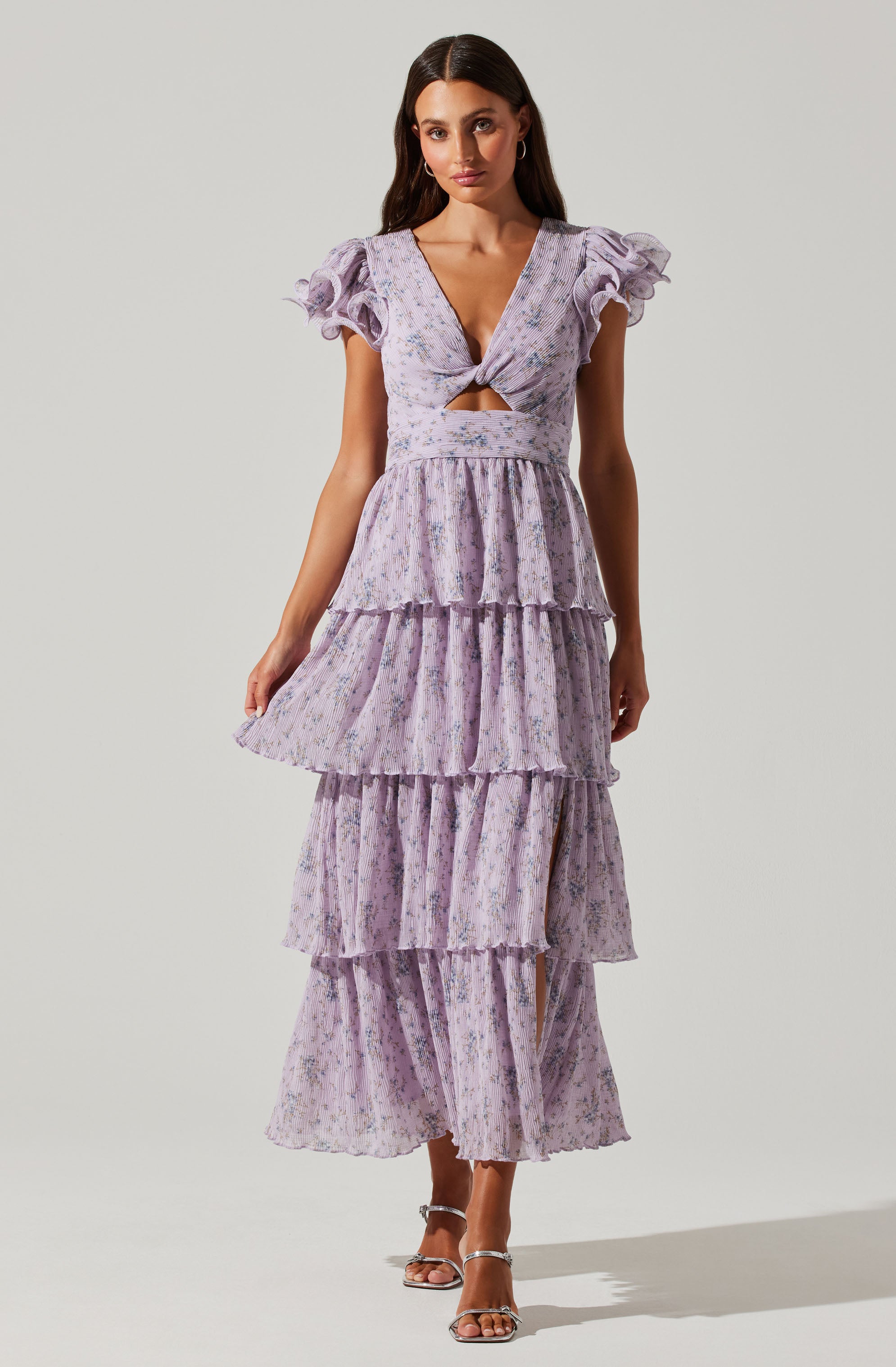 Emporia Floral Pleated Tiered Midi Dress - Lavender blue floral / XS
