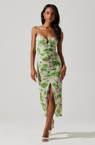 Green Floral Ruched Bodice Oregon Midi Dress