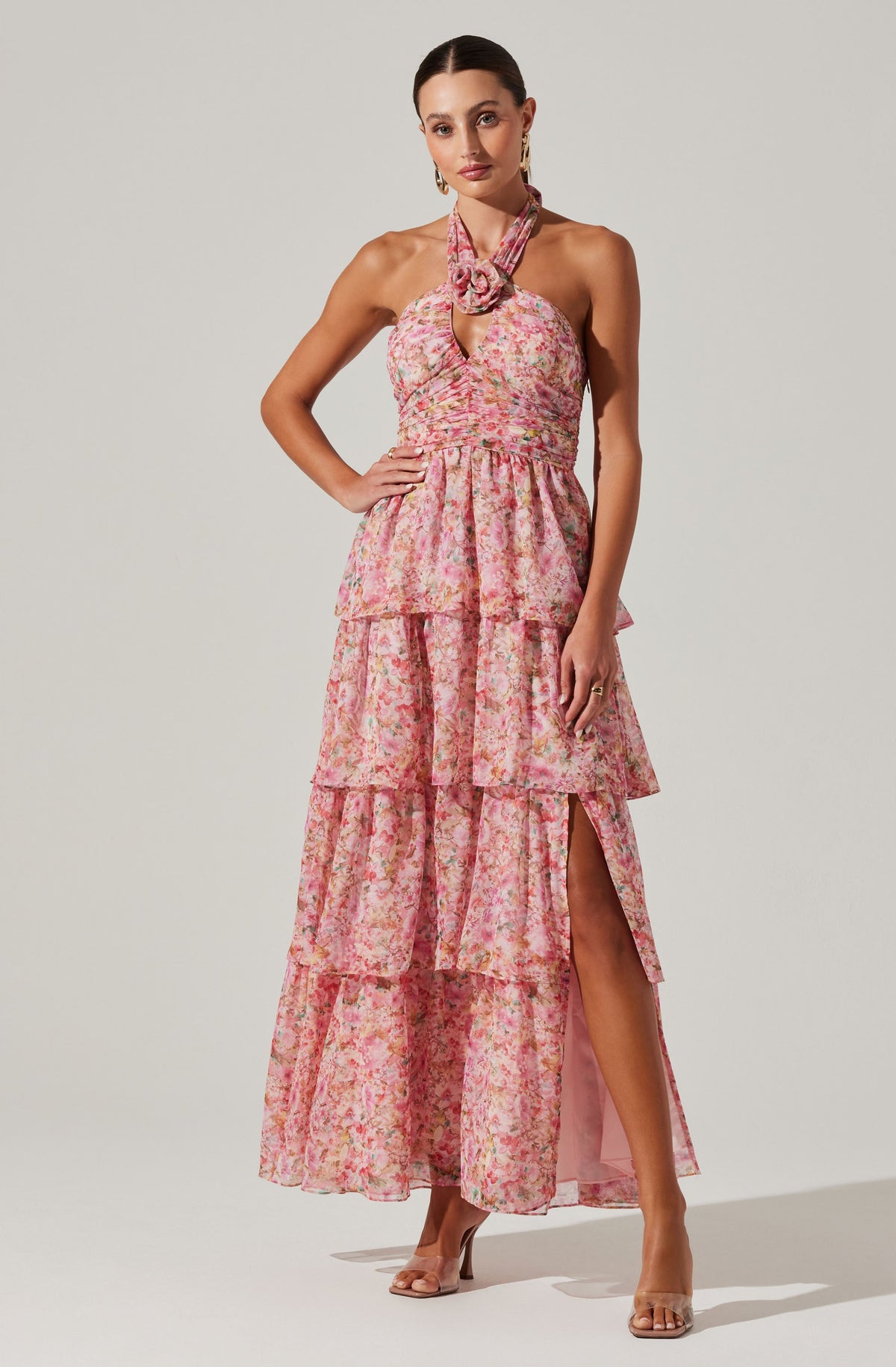 Pink floral halter dress best sale