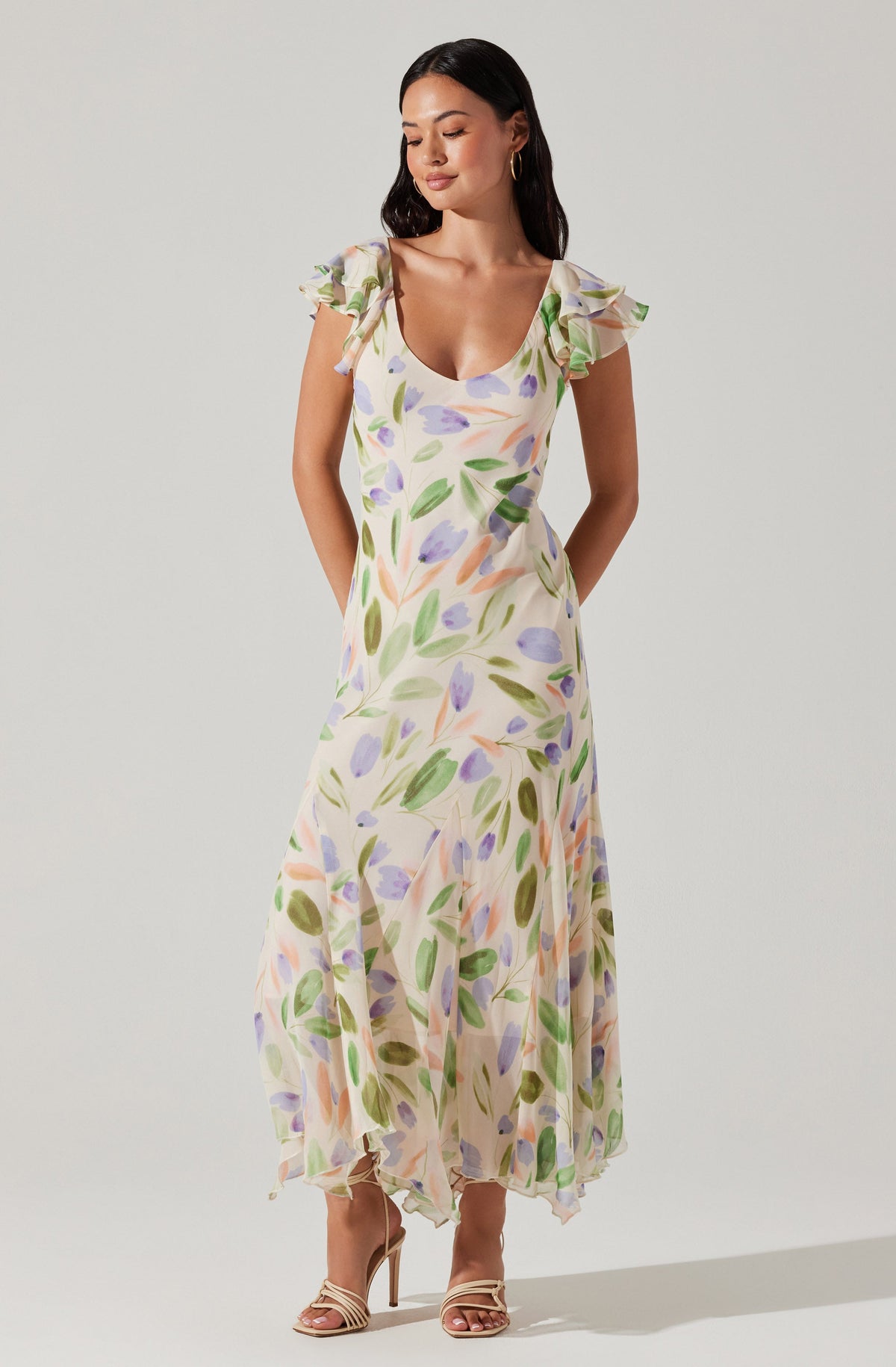 Floral flutter sleeve maxi dress best sale