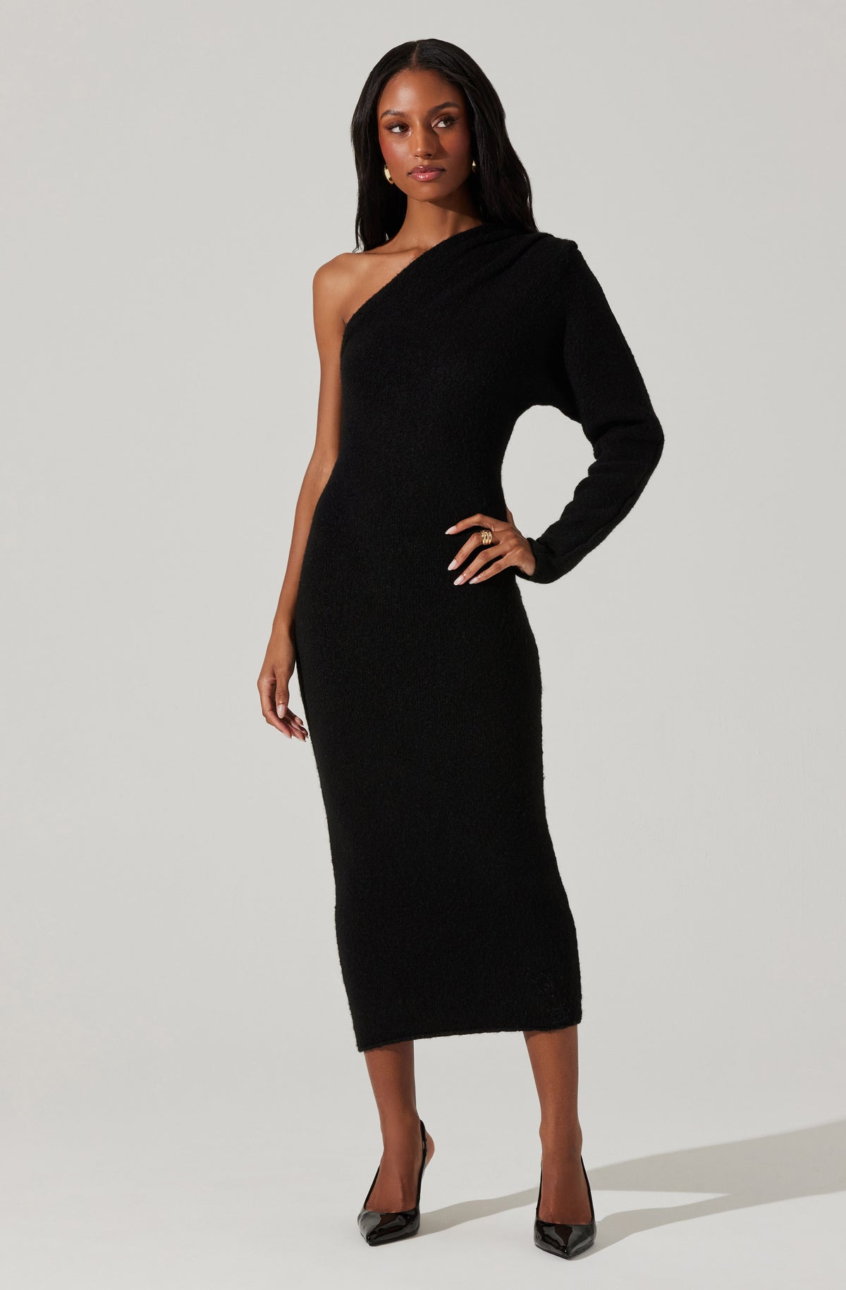 Astr The Label Finola One Shoulder Sweater Dress Black