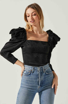 Amara Floral Jacquard Puff Sleeve Top - Black / XS