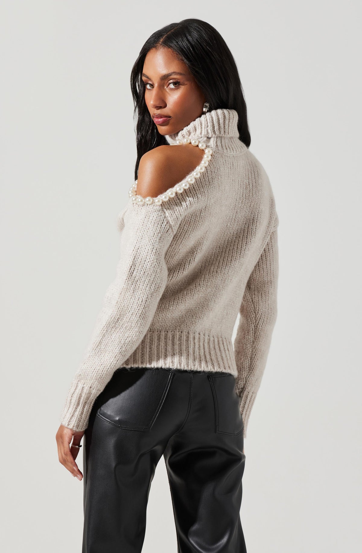 Lynn Embellished Cold Shoulder Turtleneck Sweater - Ecru / XS