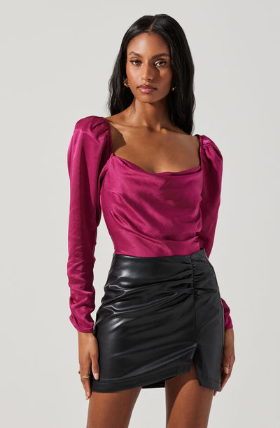 Katija Satin Cowl Neck Puff Sleeve Top