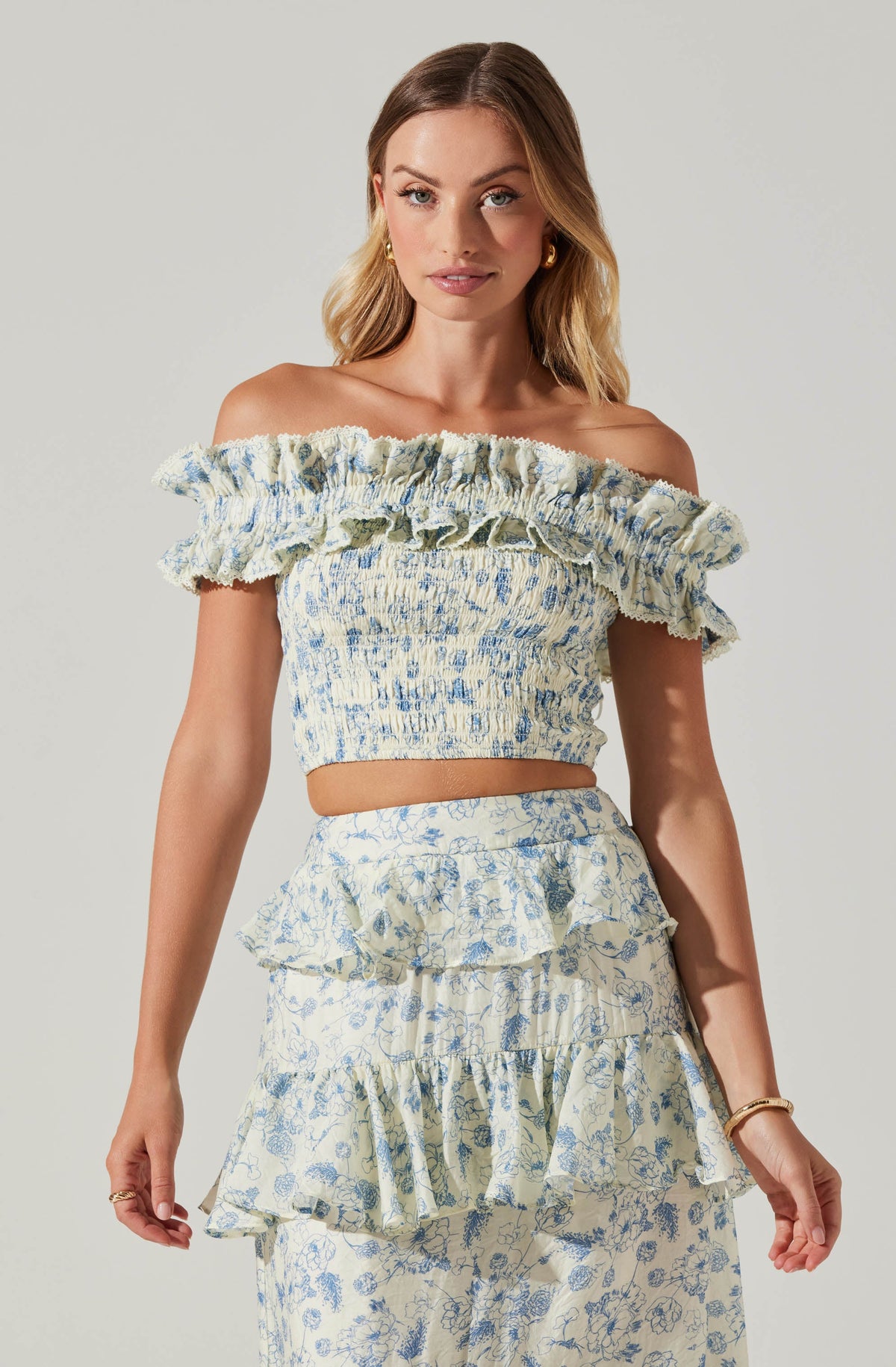 Foufette Off Shoulder Floral Top - Blue ivory floral / XS