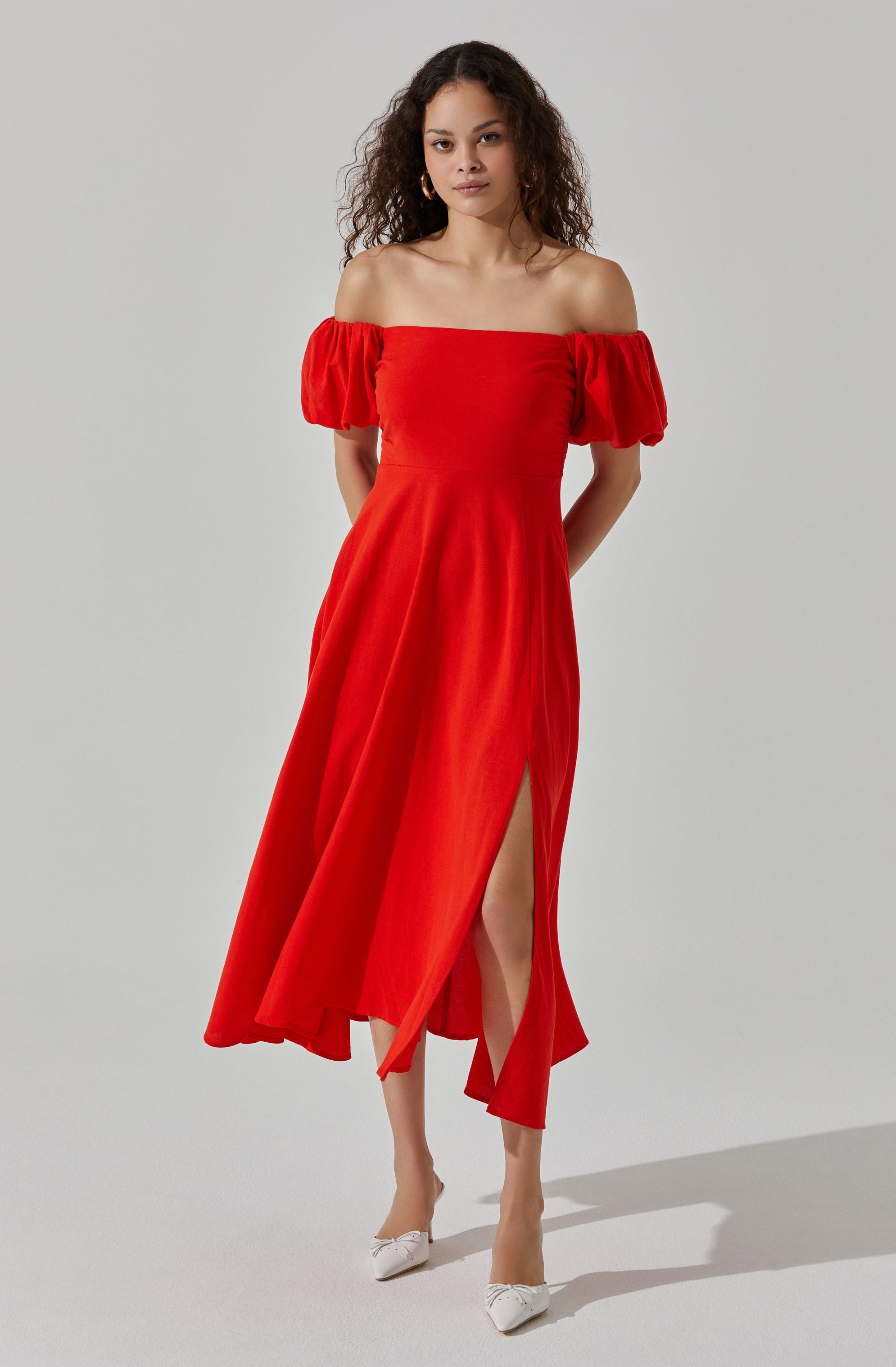 Off Shoulder Puff Sleeve Midi Dress– ASTR the Label