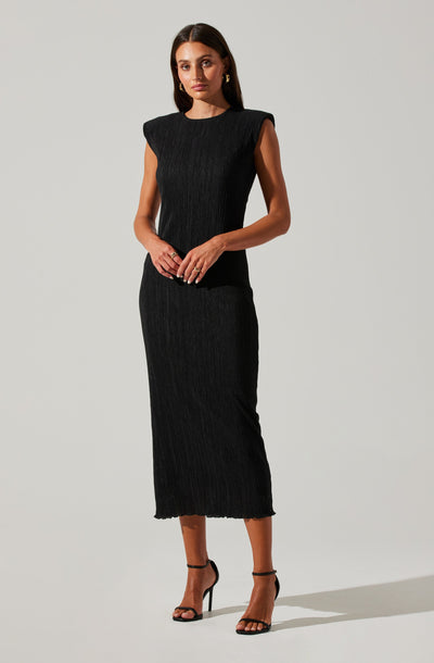 Plisse Straight Neck Midi Dress