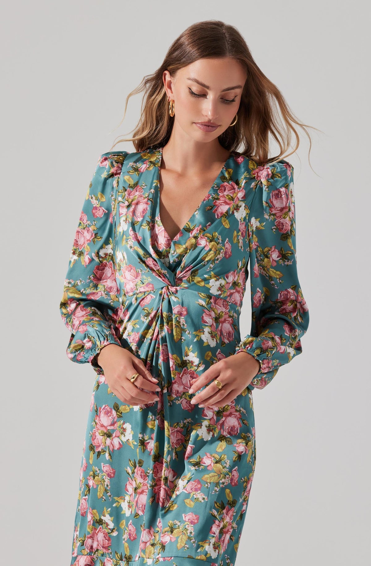 Floral Satin Wrap Long Sleeve Midi Dress – ASTR The Label