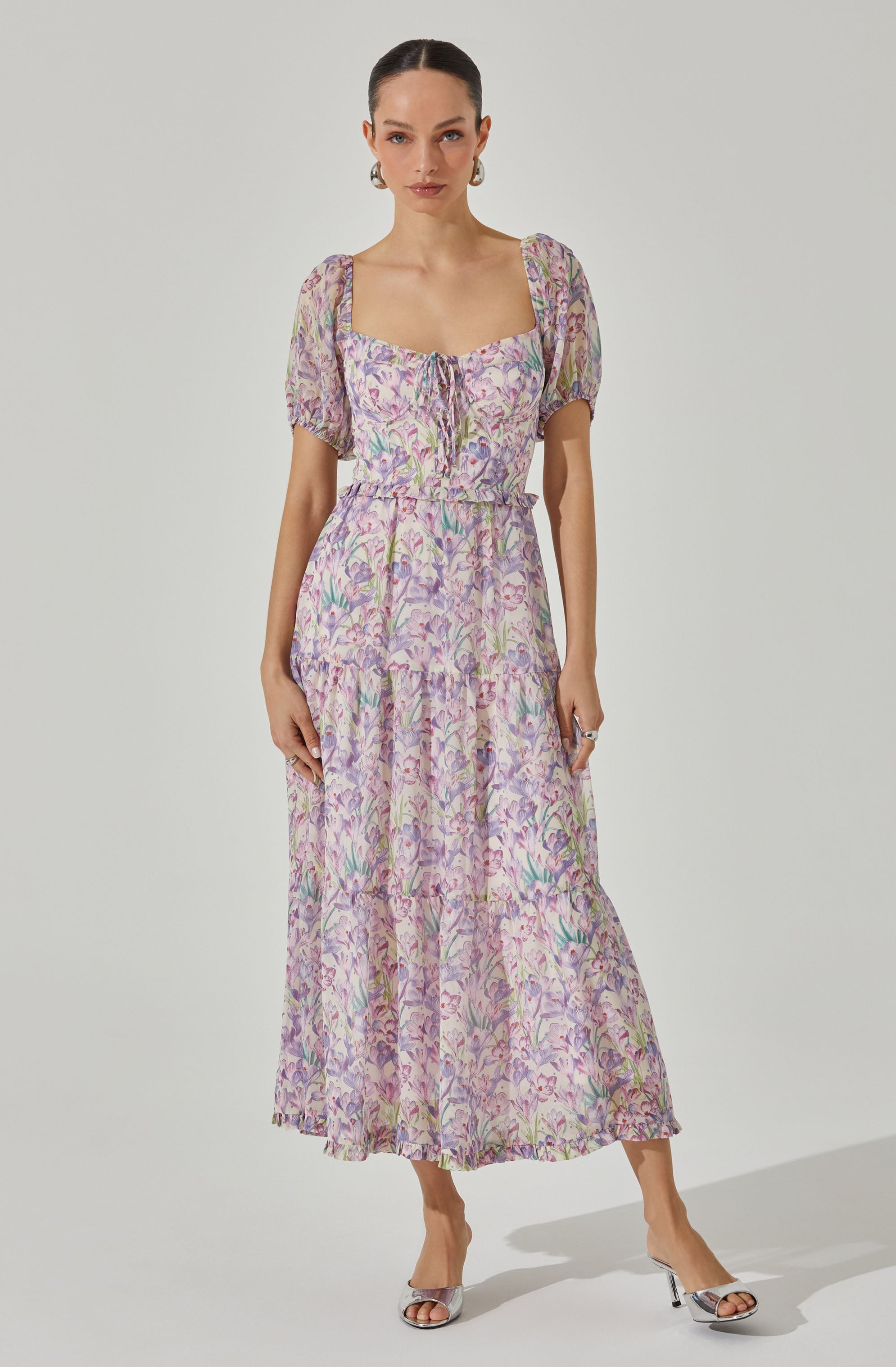 Bustier Puff Sleeve Midi Dress - Lilac cream floral / XS