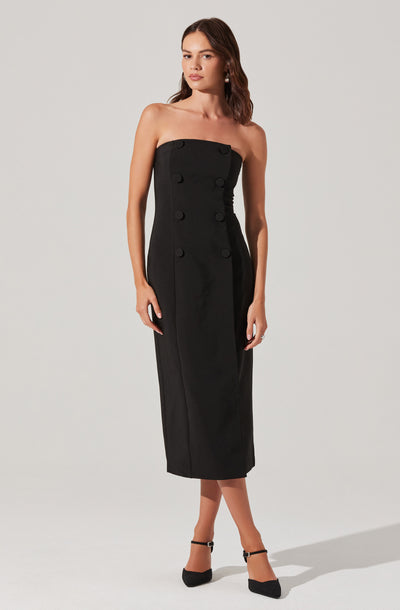 Strapless Double-Breasted Midi Dress