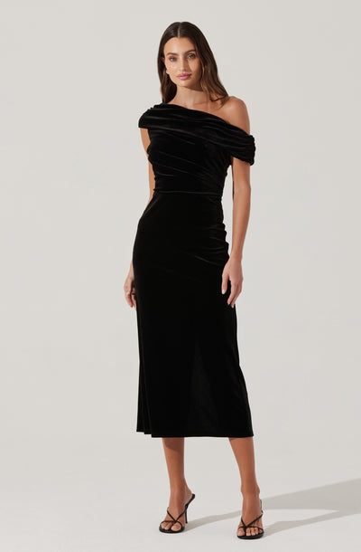 Velvet Off Shoulder Midi Dress