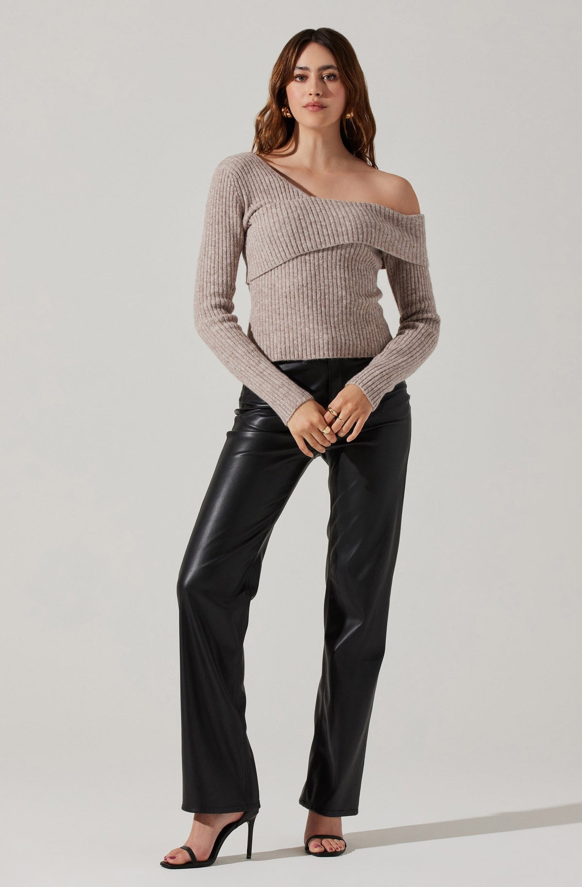Asymmetric High Neck Bell Sleeve Sweater Wide Leg Pants Matching