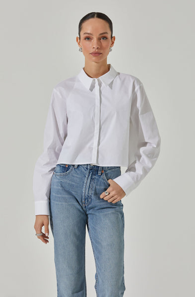 Cropped Tie Back Collared Shirt - White / XS