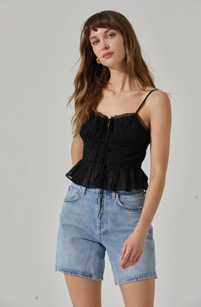 Tie-front Lace Trim Peplum Top