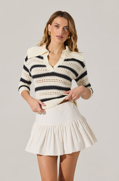 Striped Open Knit Polo Sweater