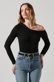 Heather Grey Ribbed Off-the-shoulder Long Sleeve Bodysuit