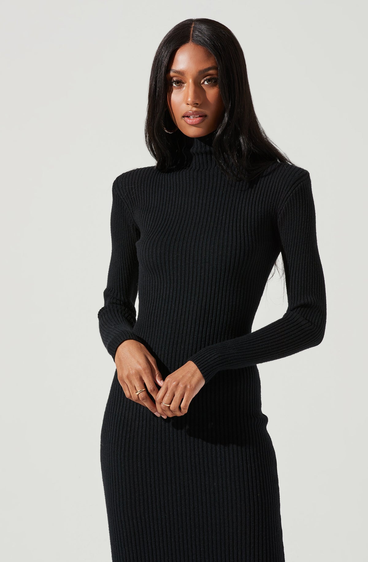 Sheerah Black Turtleneck Midi Sweater Dress