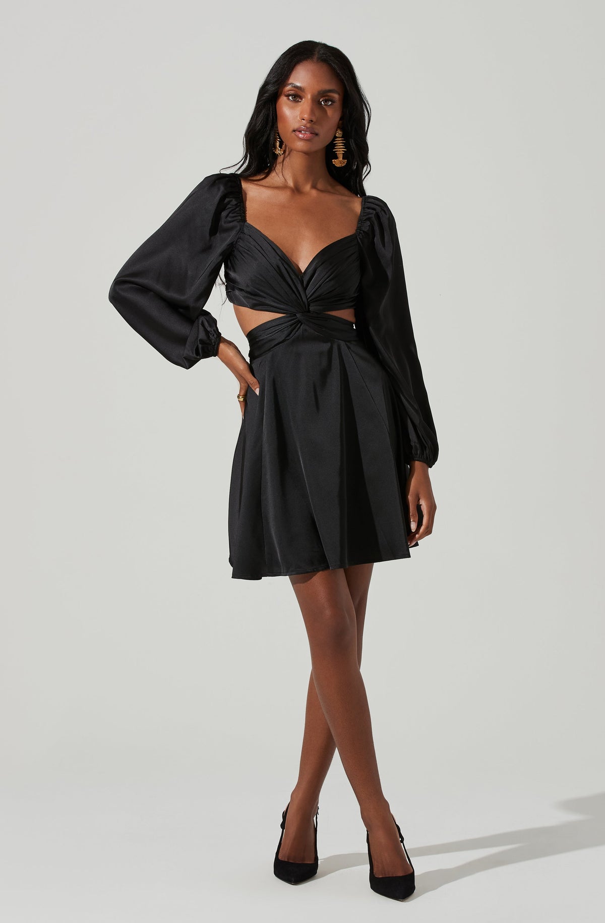Silky Satin High Neck Long Sleeve Cutout Party Mini Dress - Black