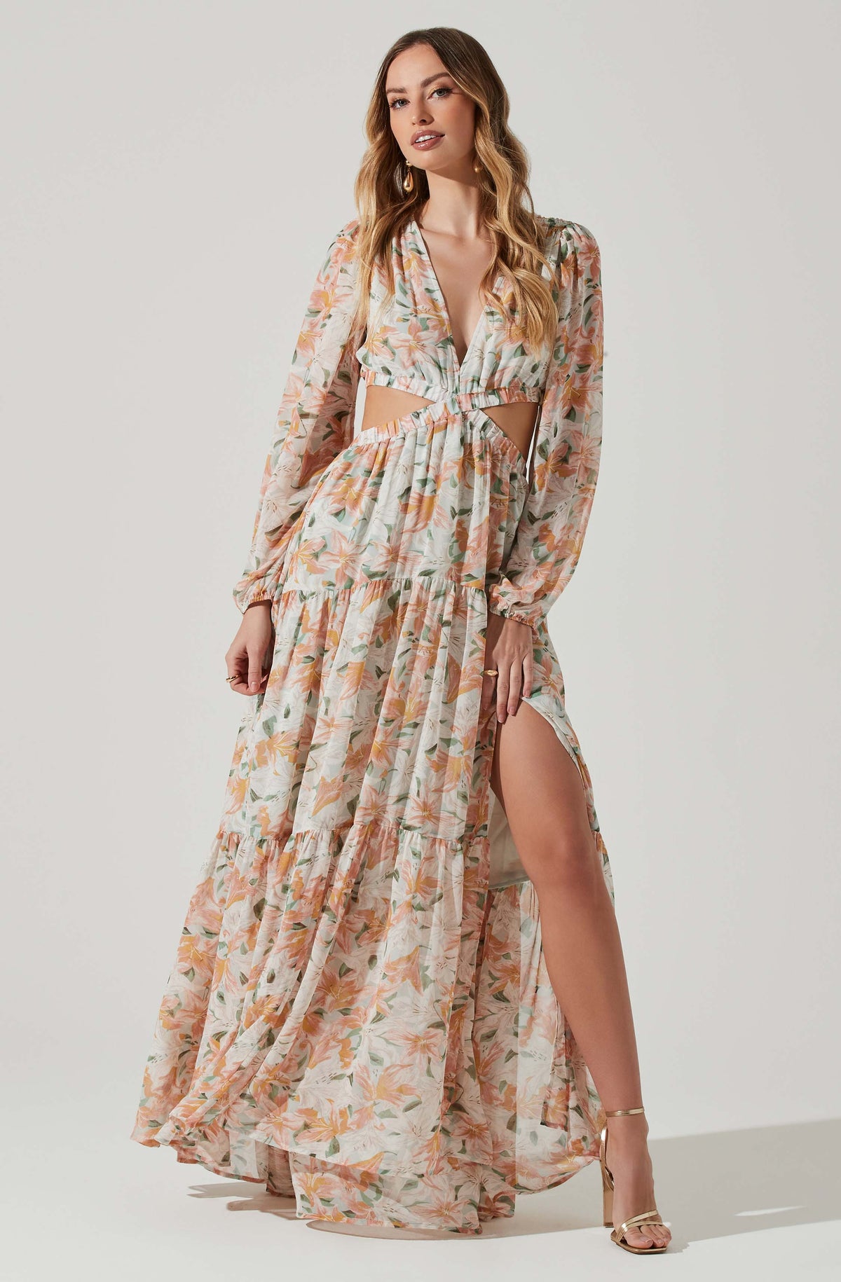 Cream Floral Print Dress - Ruffled Maxi Dress - Puff Sleeve Dress - Lulus