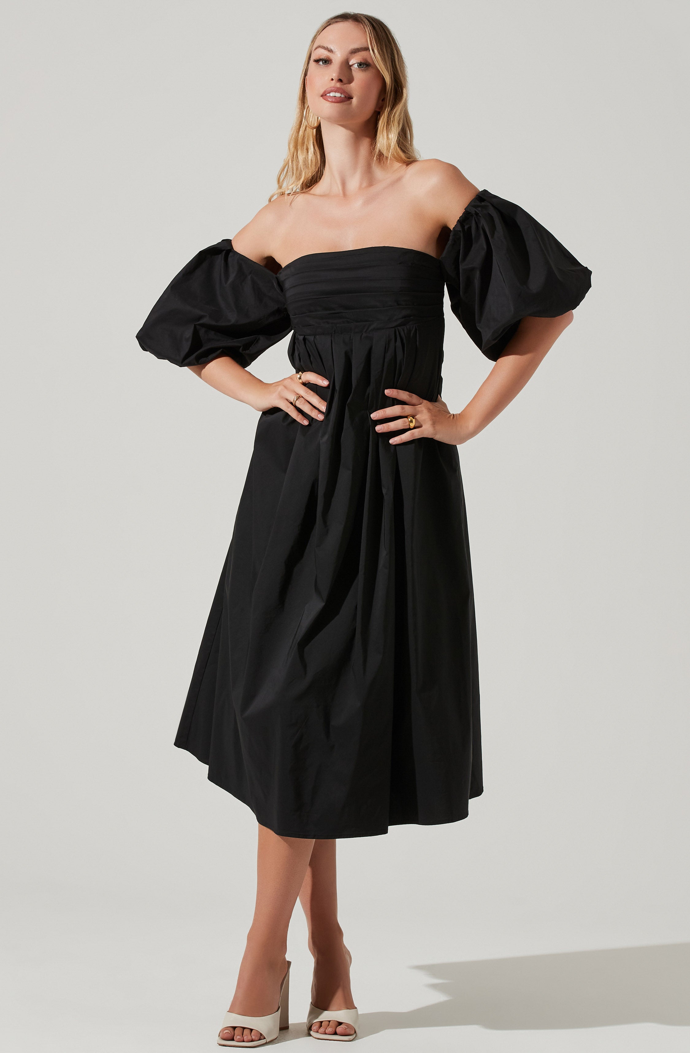 Carlin Off Shoulder Puff Sleeve Midi Dress - Black / XS