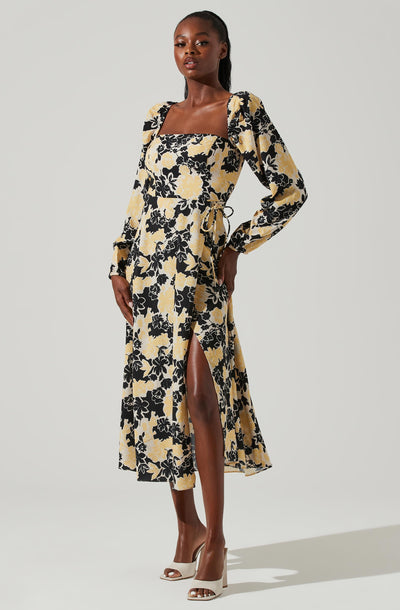 Hayden Floral Square Neck Tie Waist Midi Dress