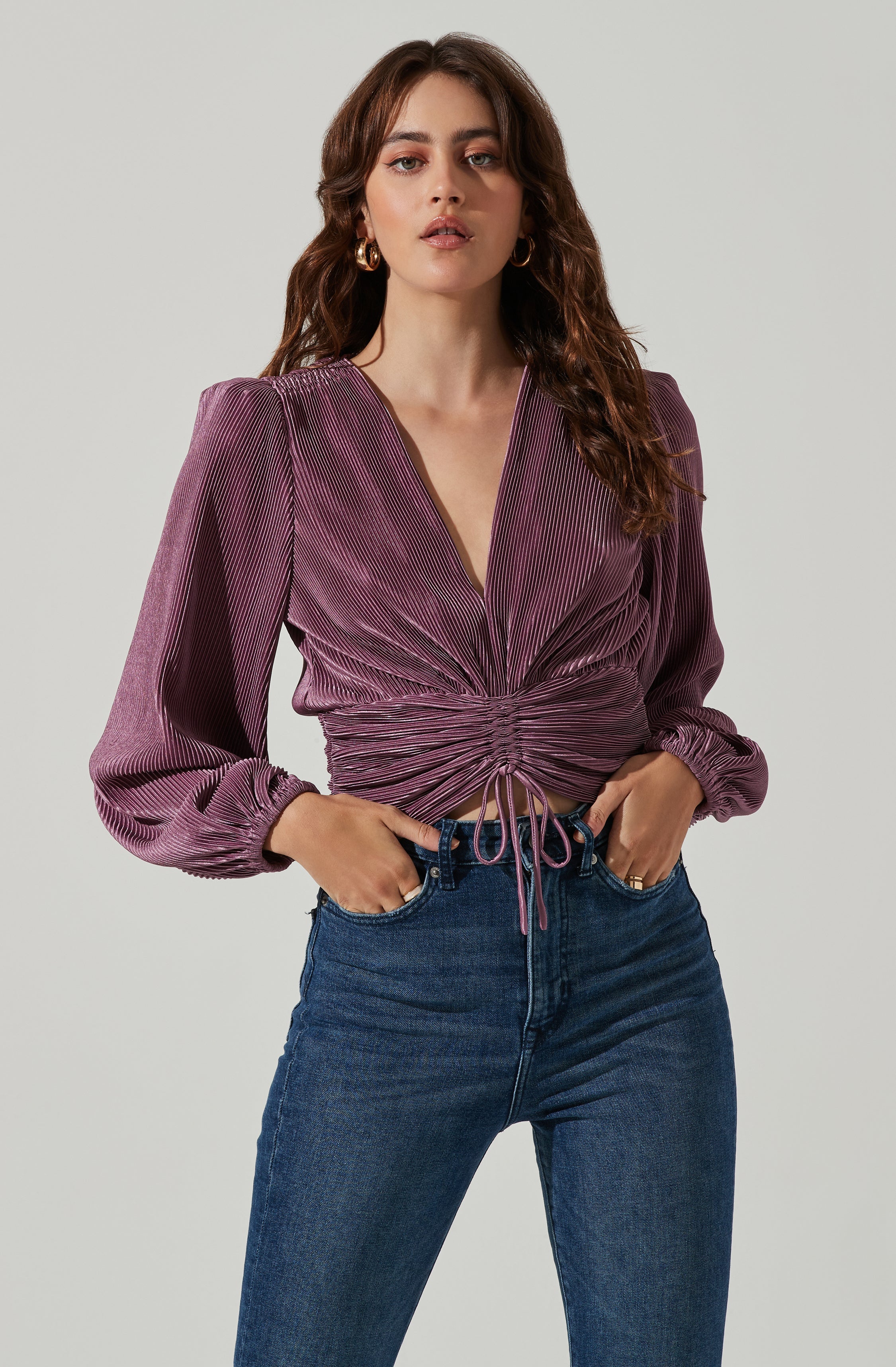 Braydon Pleated Ruched Front Long Sleeve Top - Plum / XS