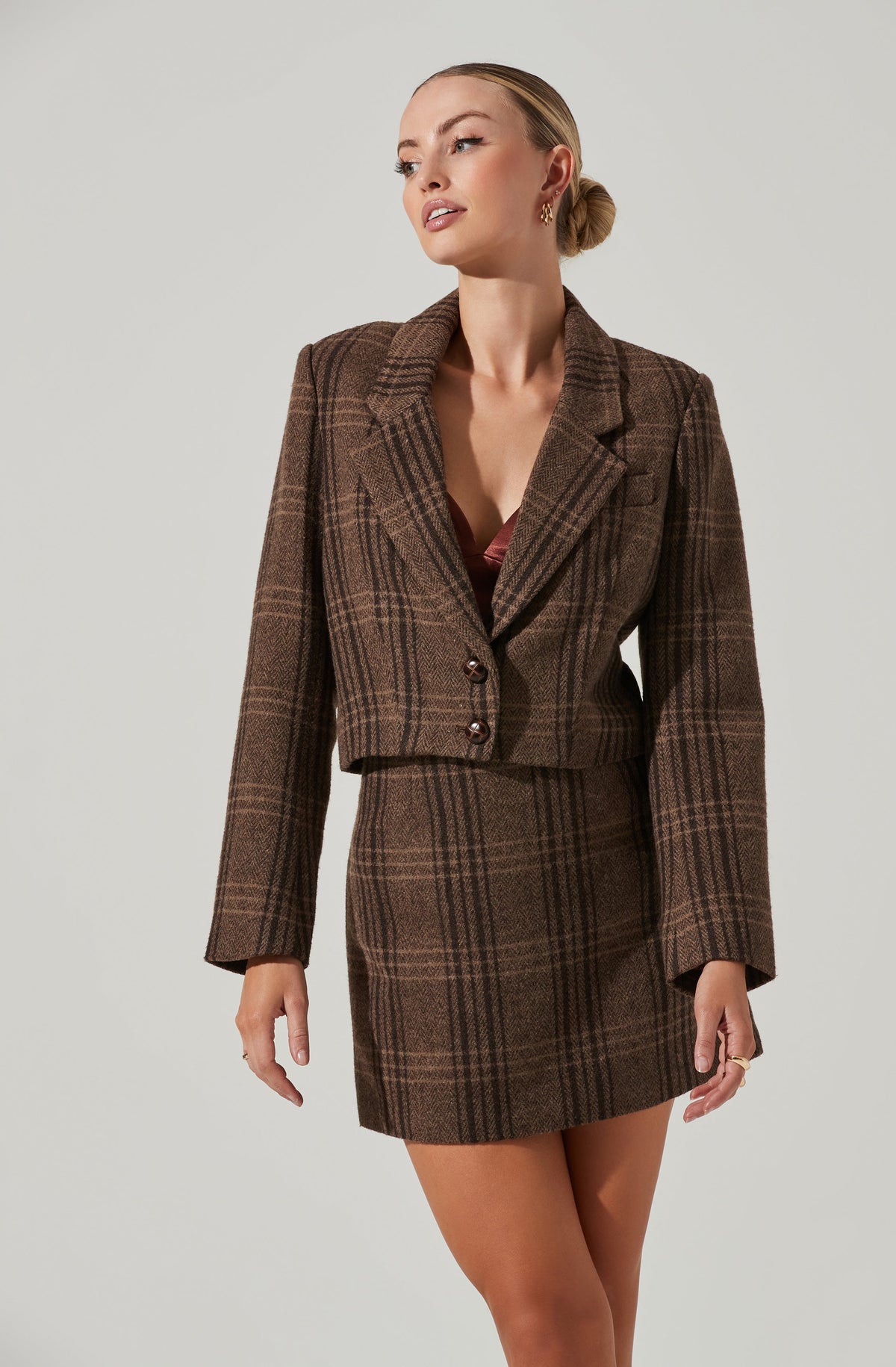 Brown plaid 2024 skirt jacket set