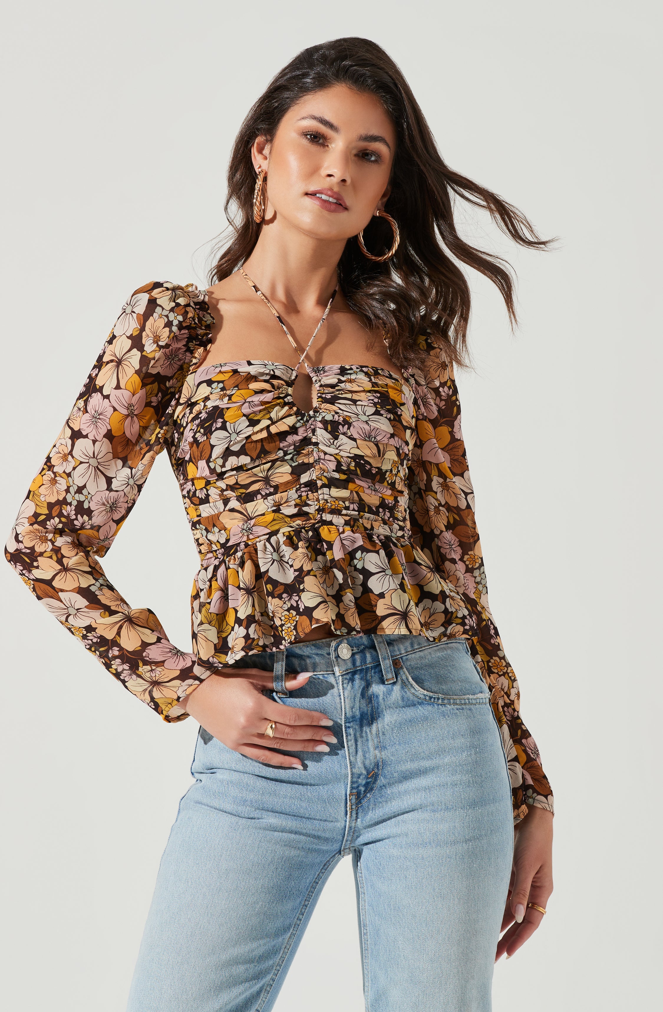 Toni Ruched Halter Long Sleeve Peplum Top - Brown yellow floral / XS
