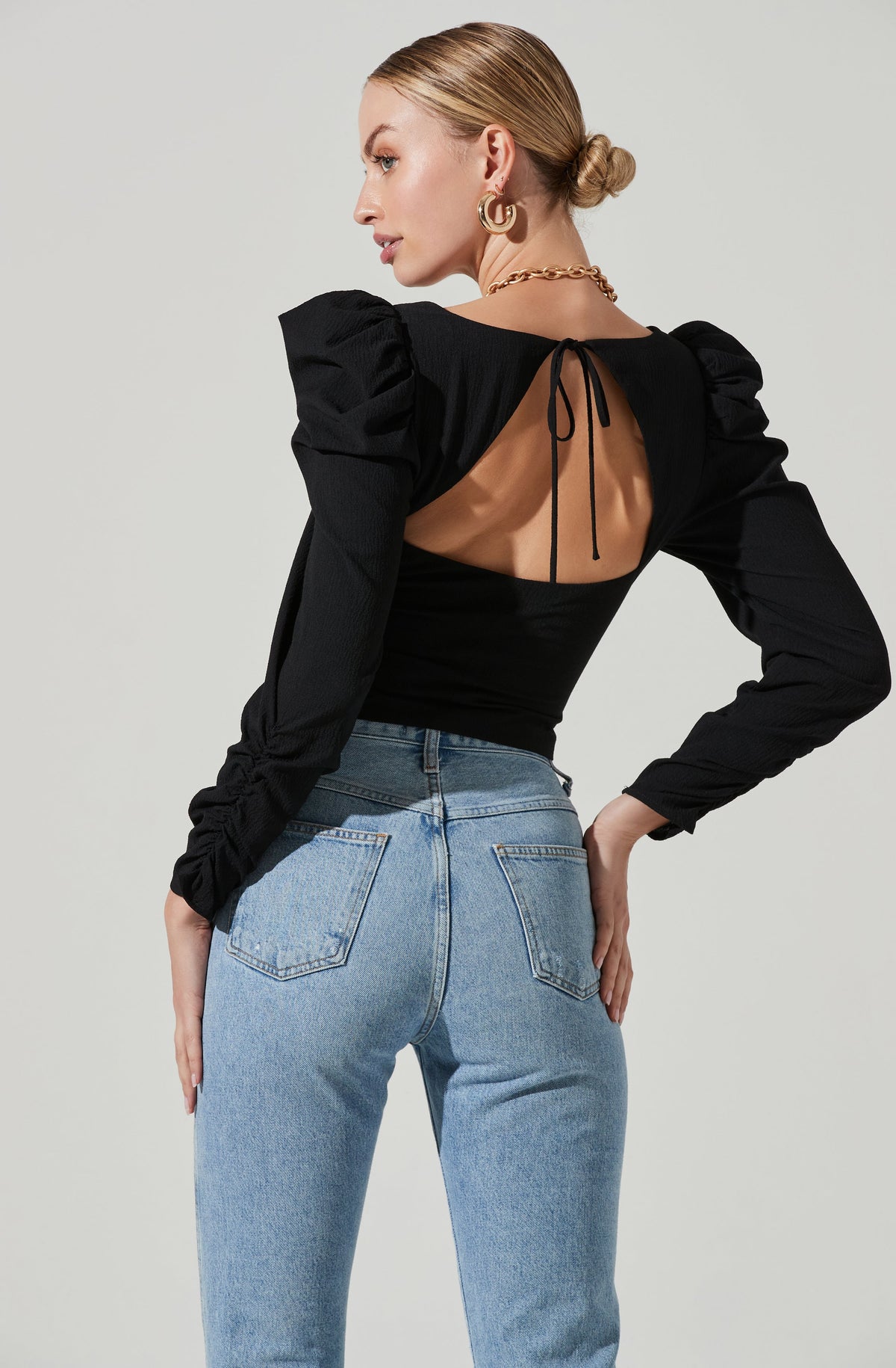 Ruched long-sleeve corset top, Black