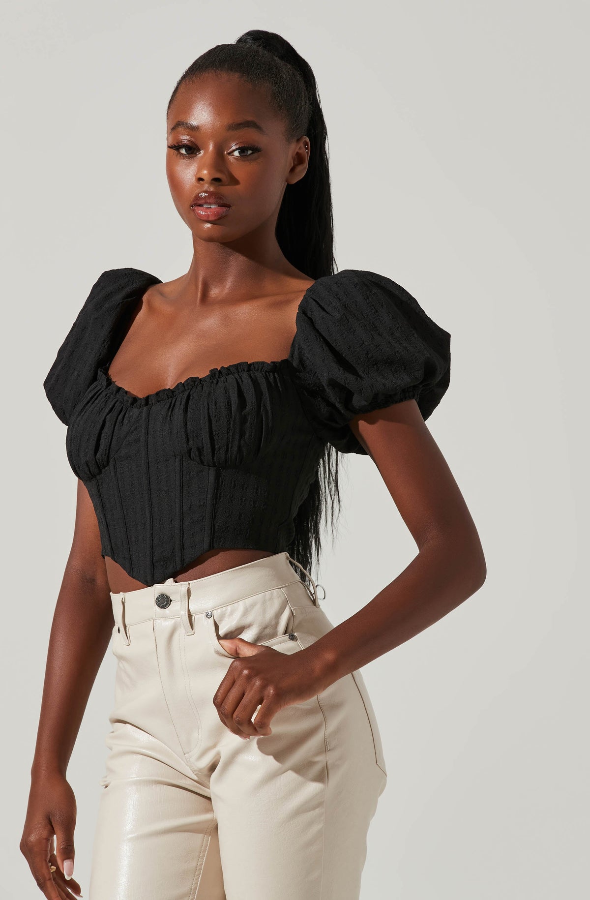 Buy Self Portrait Sweetheart Neckline Corset Top with Puff Sleeves, Black  Color Women