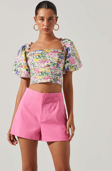 Zara Pink Floral Puff Sleeve Crop Top Blouse Small