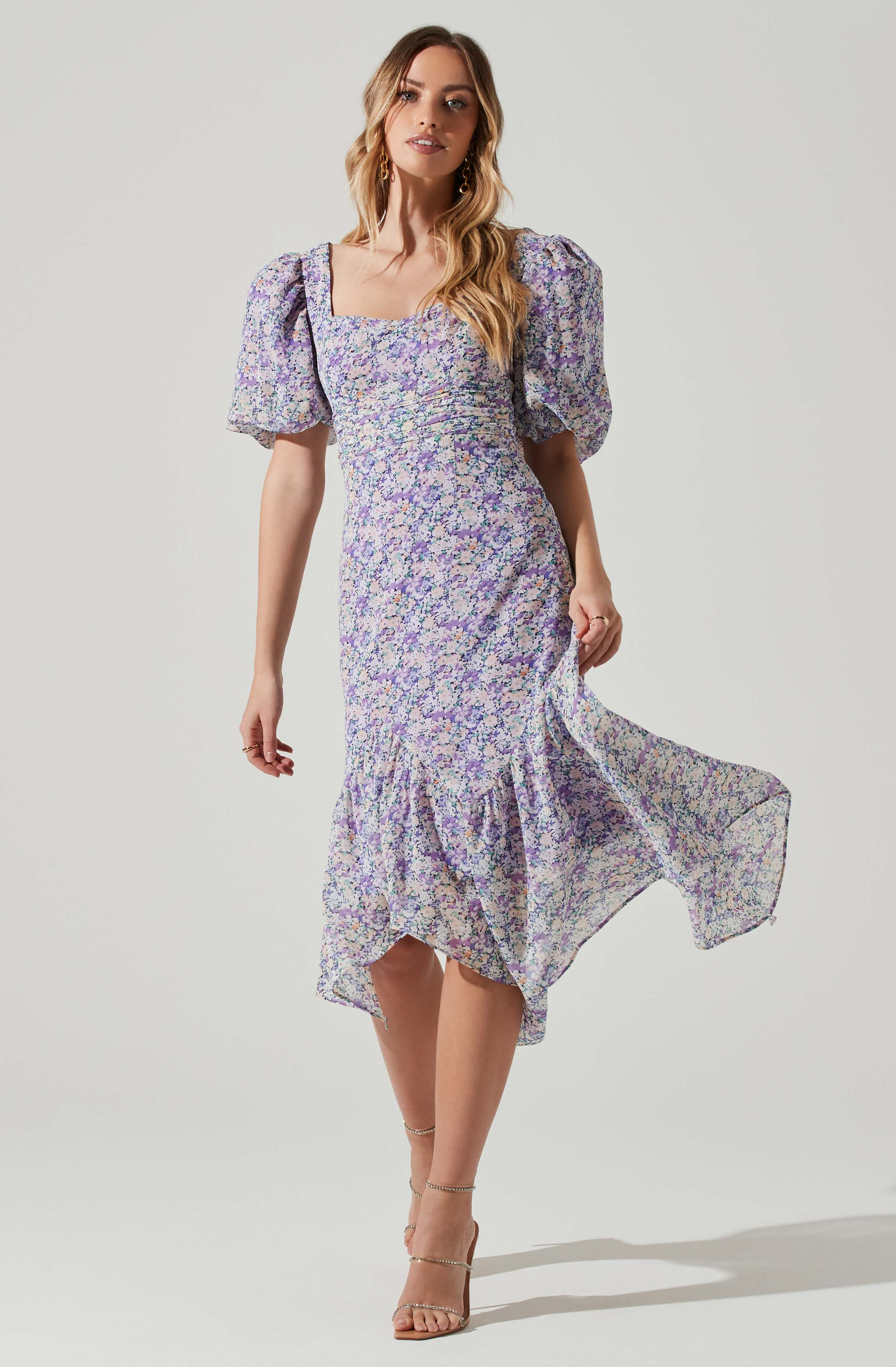 Floral Short Sleeve Asymmetrical Hem Midi Dress - Purple multi floral / XS