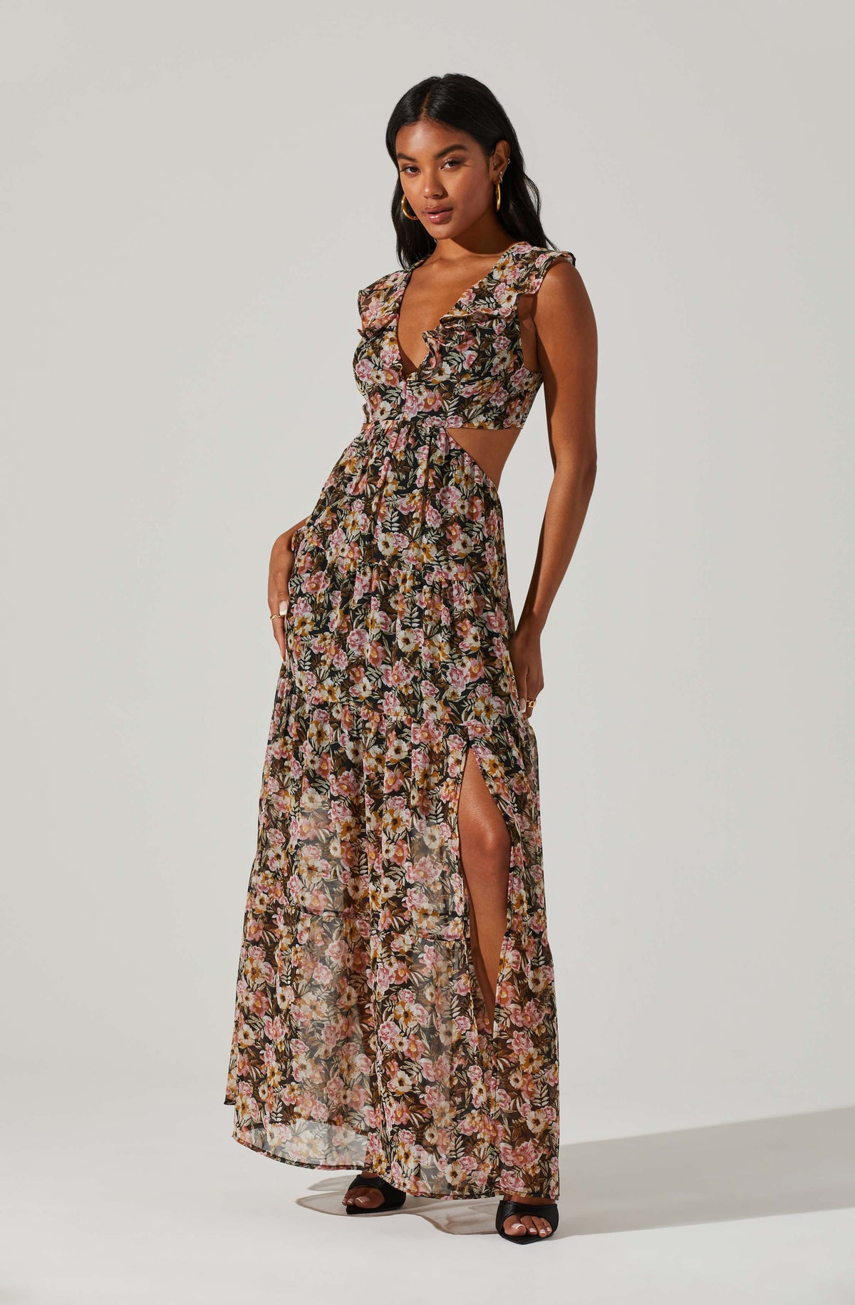 Floral Ruffle Cutout Maxi Dress
