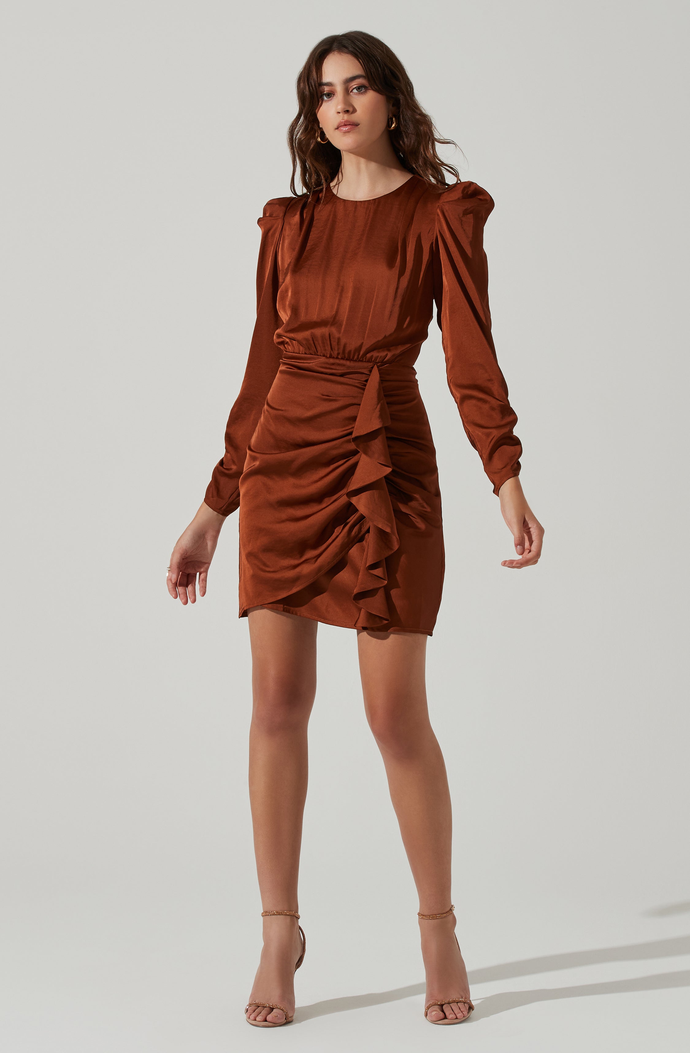 Long Sleeve Ruffle Front Mini Dress - Brown / XS