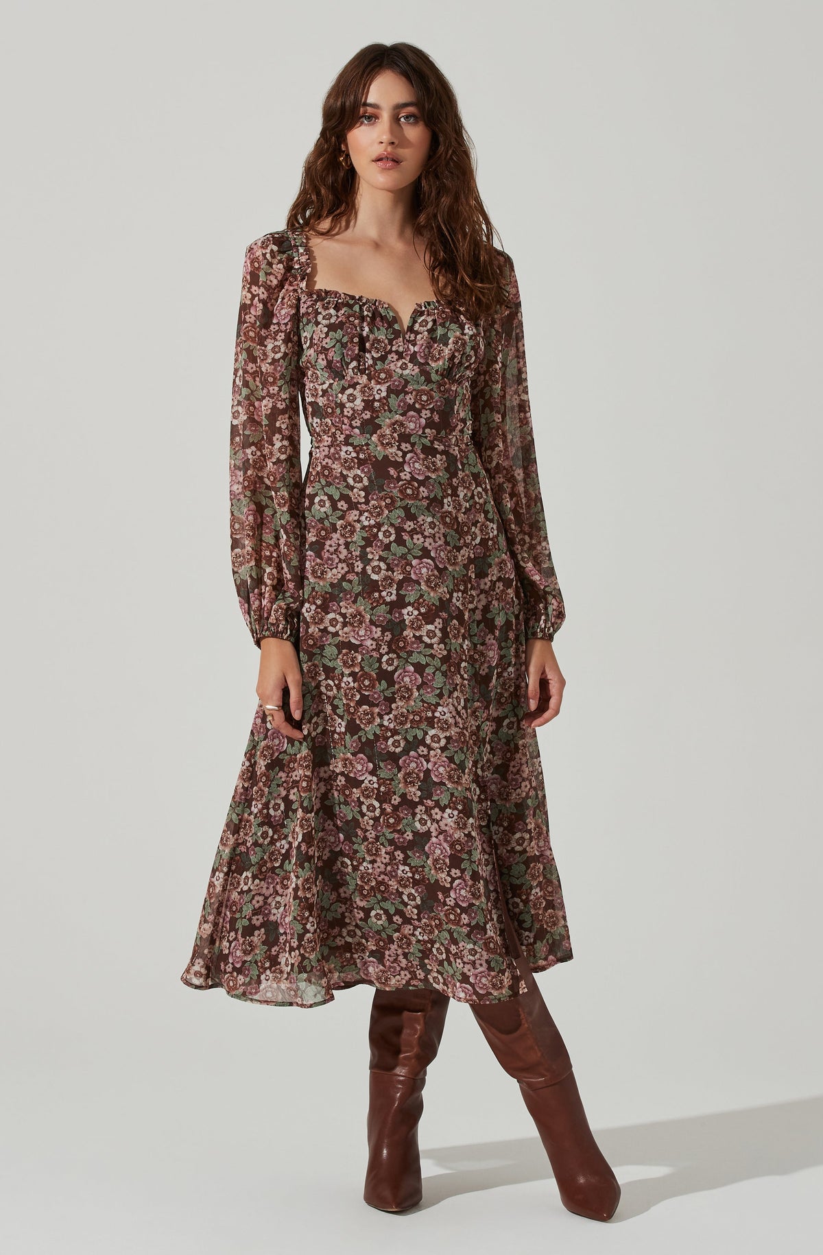 Floral V Front Long Sleeve Midi Dress Brown mauve floral XS