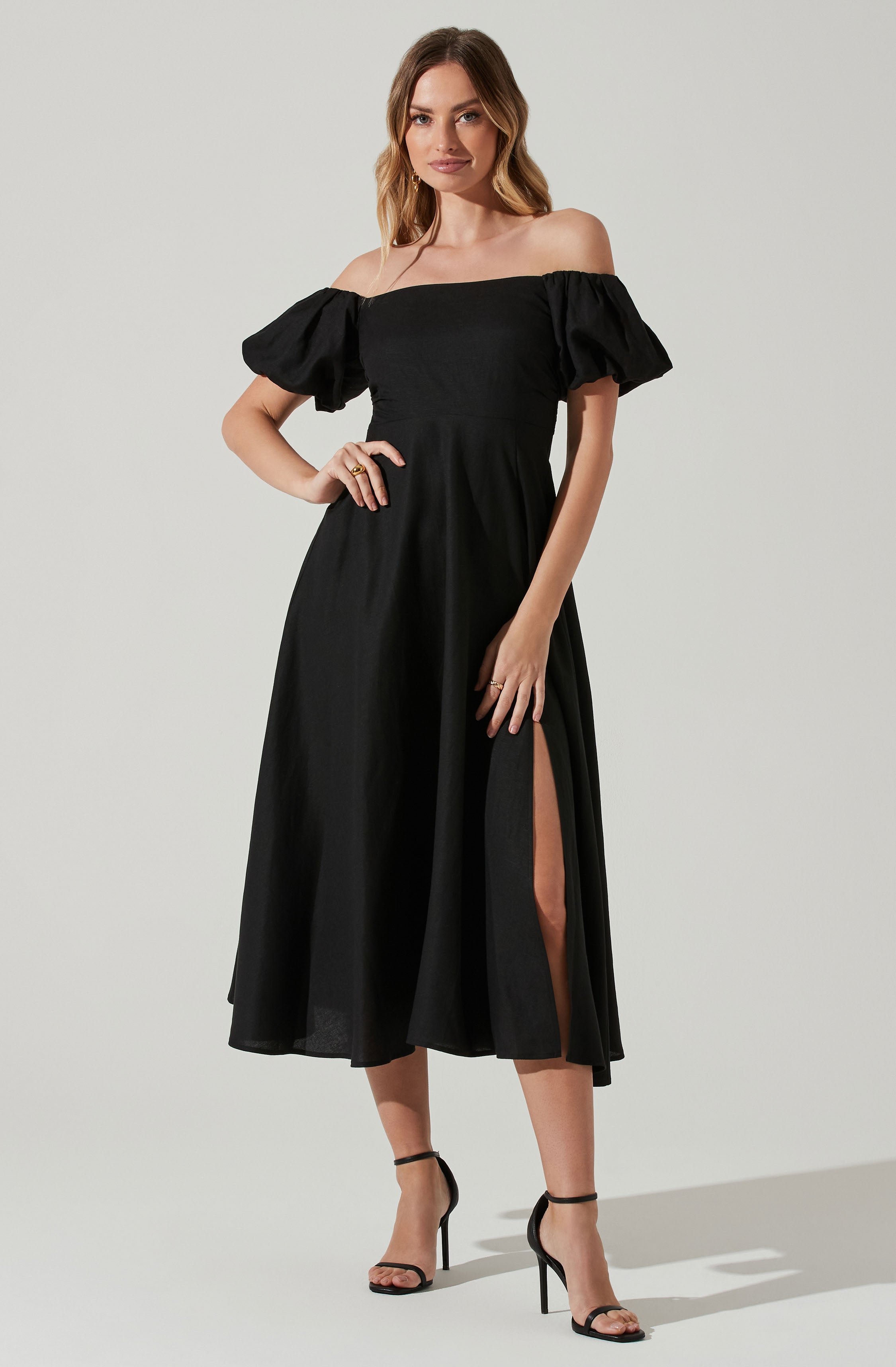 Off Shoulder Puff Sleeve Midi Dress - Black / XS