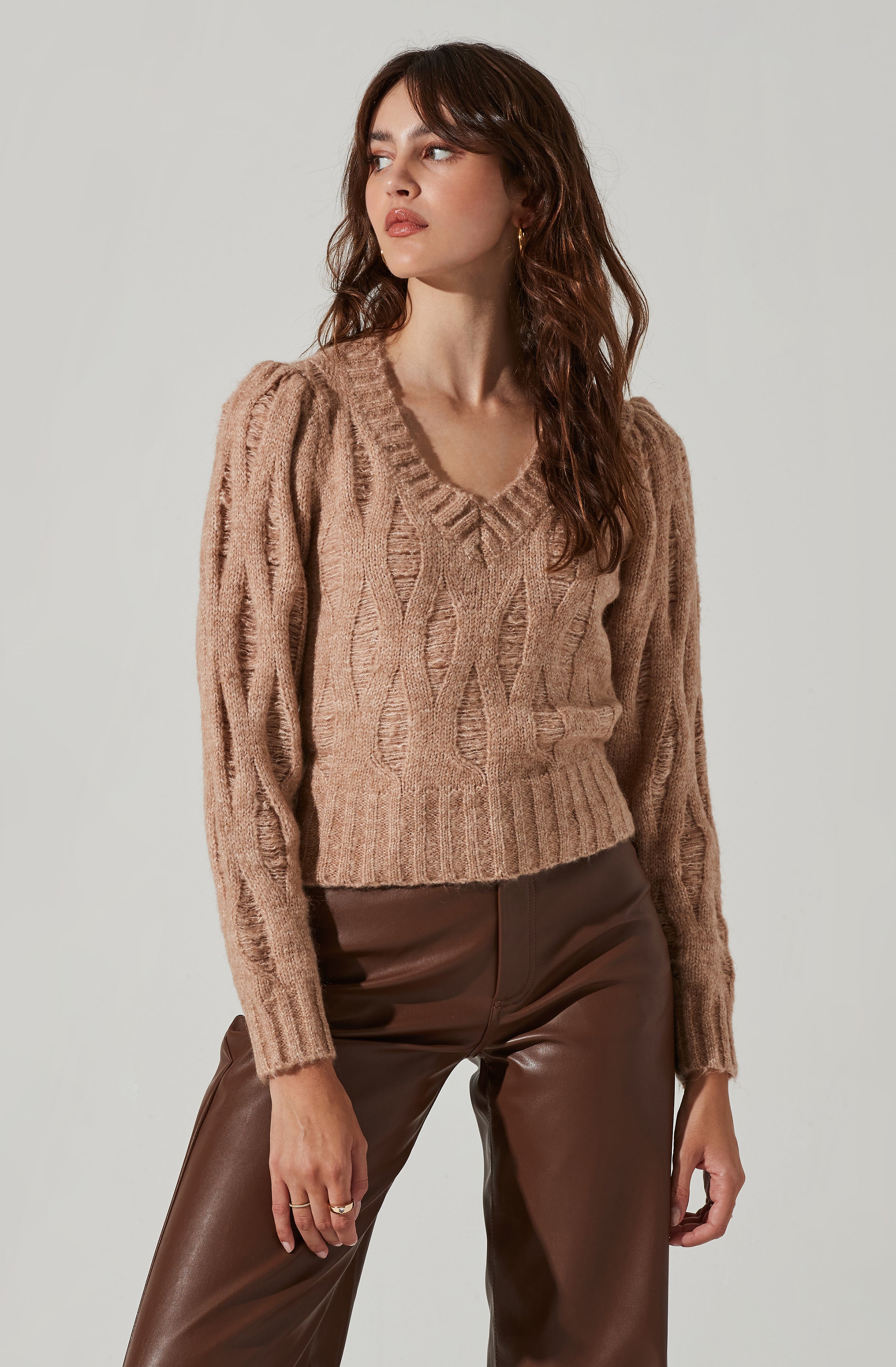 Distressed Cable Knit Sweater - Taupe / XS